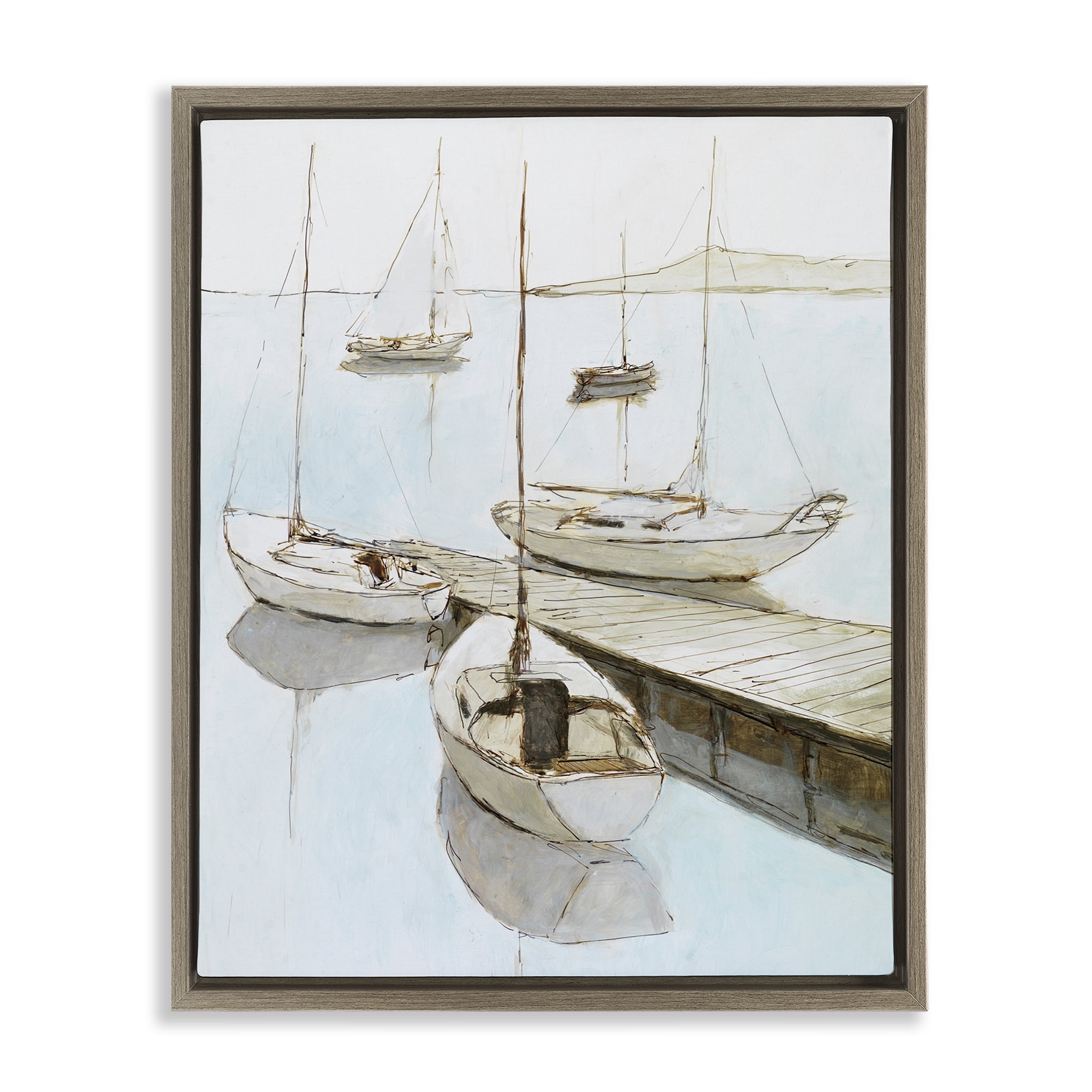 Stupell Industries Docked Sails Coastal Scene Brown Framed Floater Canvas Wall Art, design by Lorenzo Collective