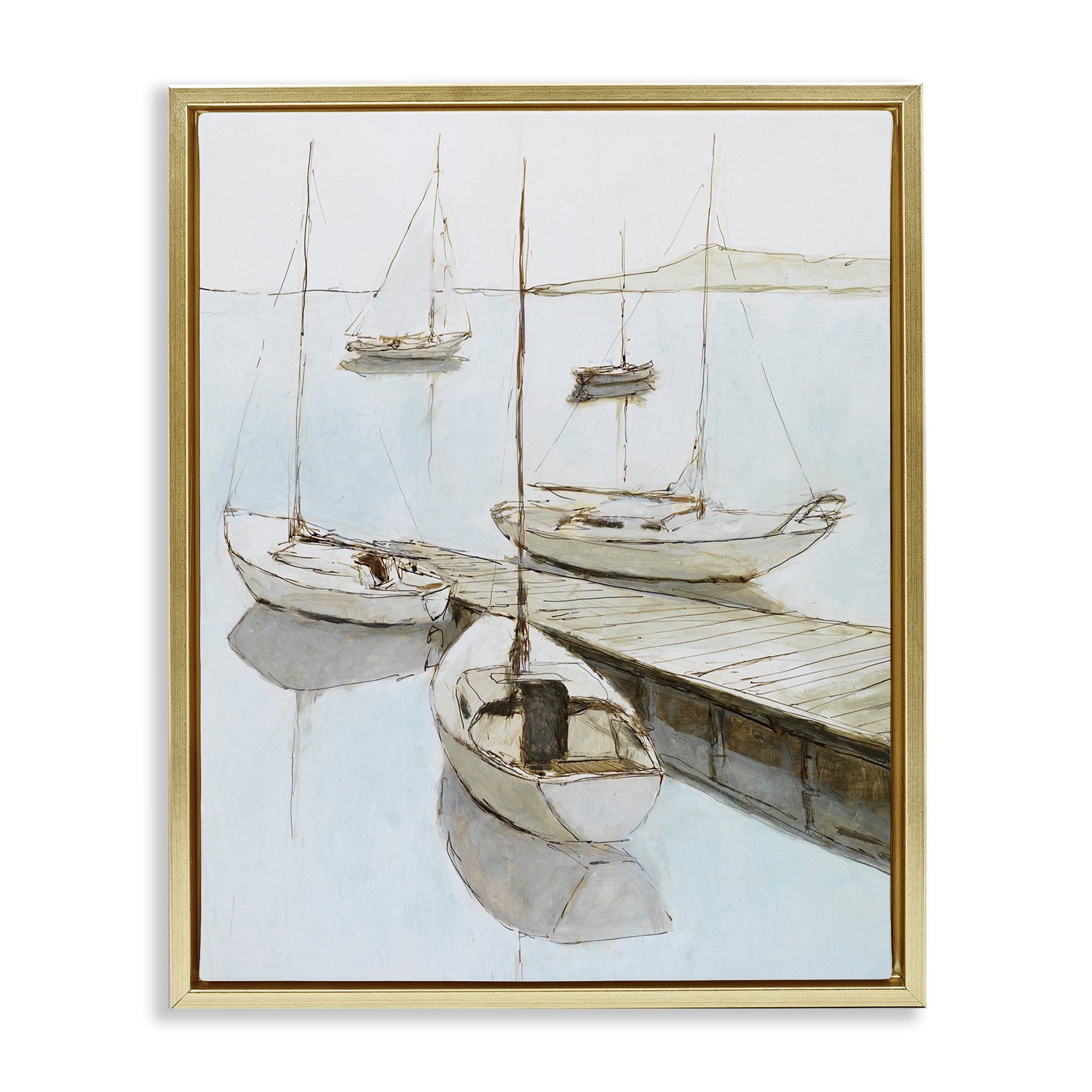Stupell Industries Docked Sails Coastal Scene Gold Framed Floater Canvas Wall Art, design by Lorenzo Collective