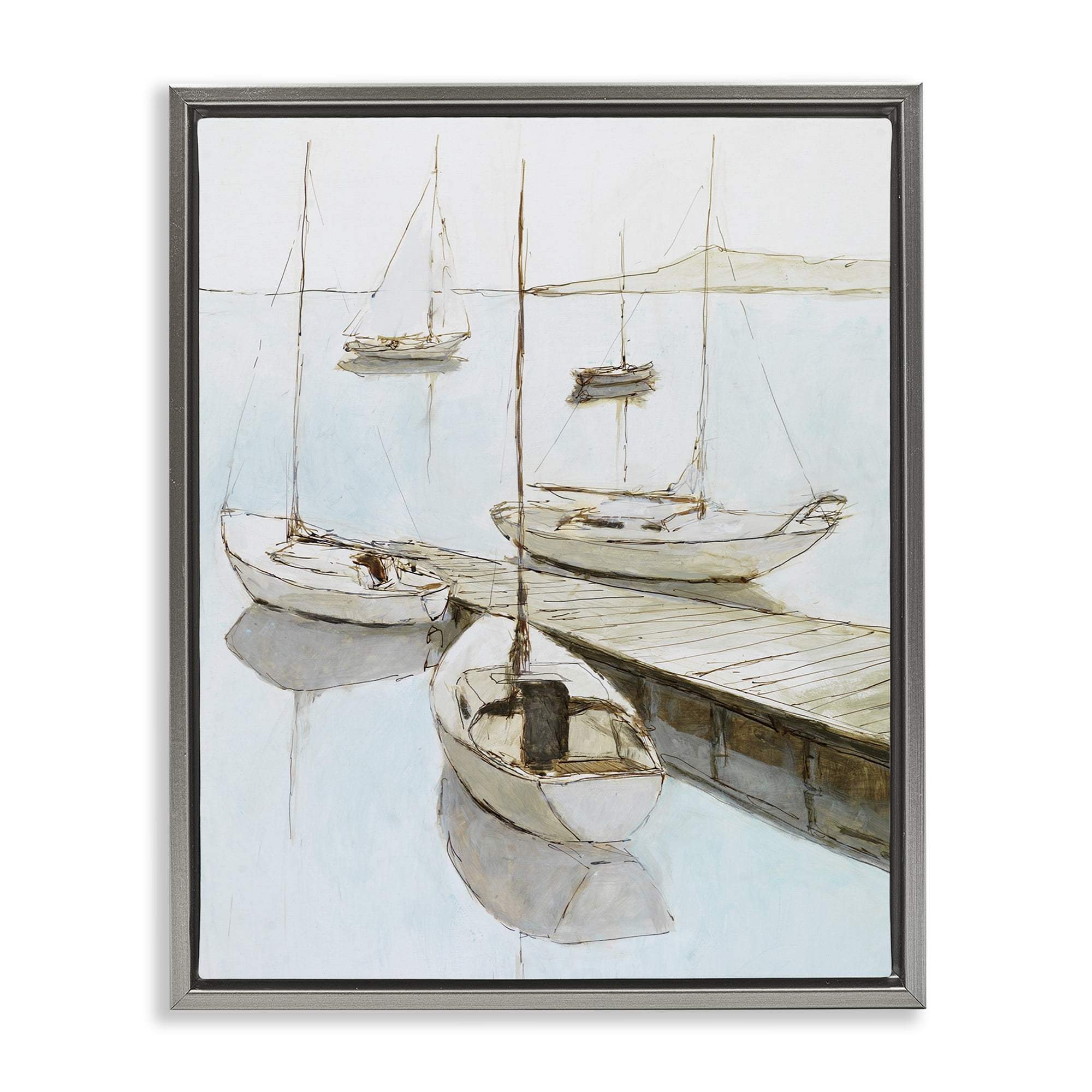 Stupell Industries Docked Sails Coastal Scene Gray Framed Floater Canvas Wall Art, design by Lorenzo Collective