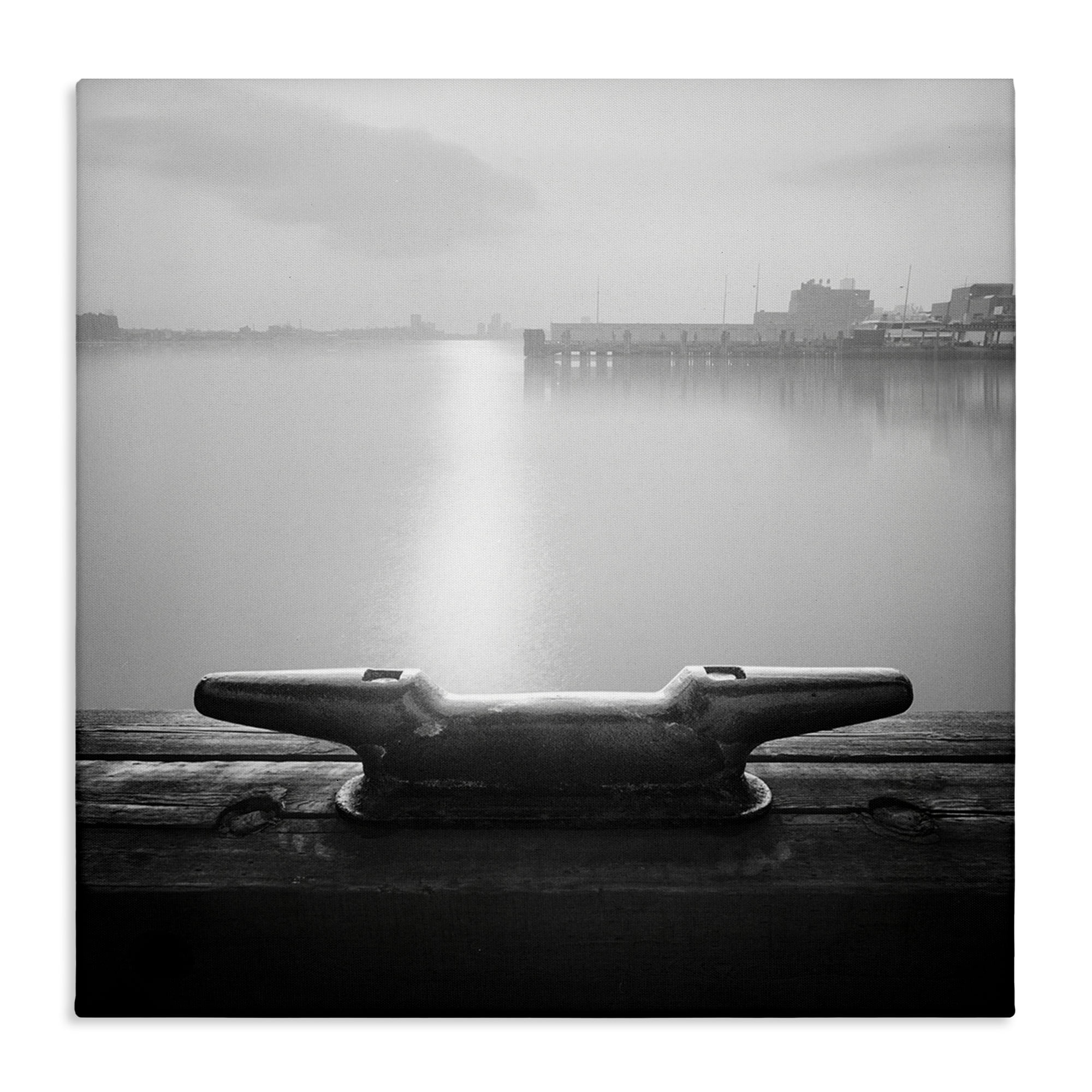 Dockside Boat View Black and White Canvas Print, 17 x 17