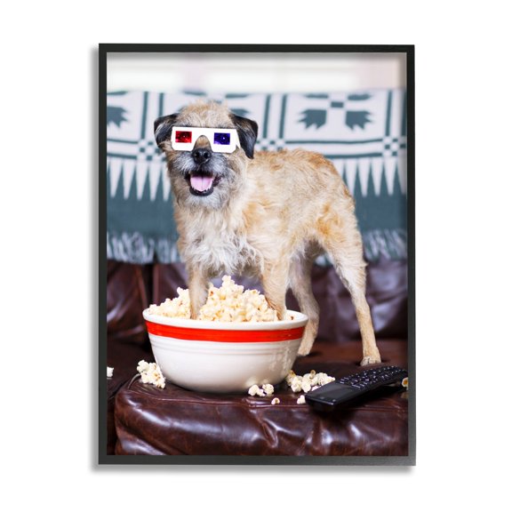 Stupell Industries Dog 3-D Movie Night Couch Snacking Popcorn Photograph Black Framed Art Print Wall Art, Design by Michael Quackenbush