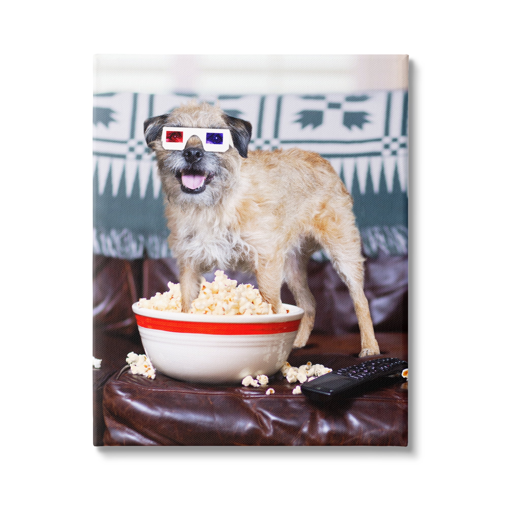 Stupell Industries Dog 3-D Movie Night Couch Snacking Popcorn Photograph Gallery Wrapped Canvas Print Wall Art, Design by Michael Quackenbush