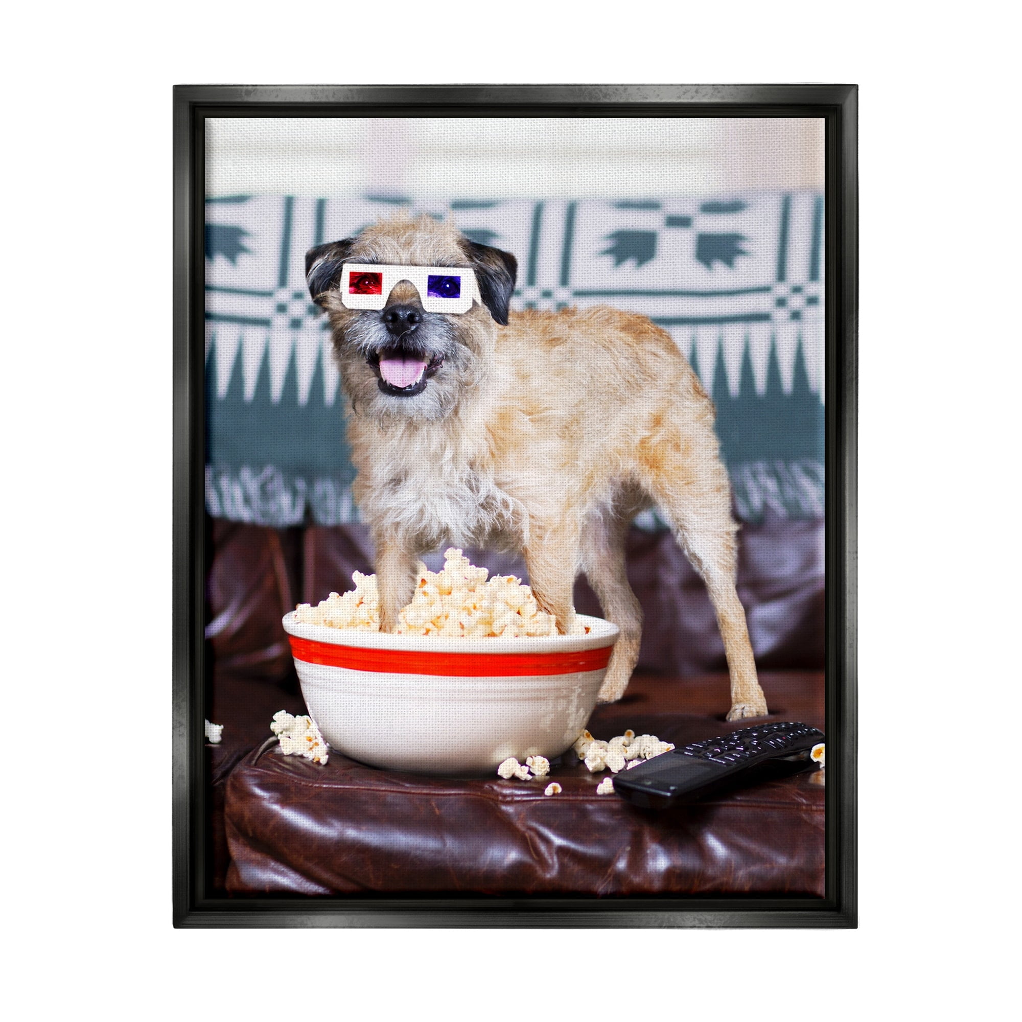 Stupell Industries Dog 3-D Movie Night Couch Snacking Popcorn Photograph Jet Black Floating Framed Canvas Print Wall Art, Design by Michael Quackenbush