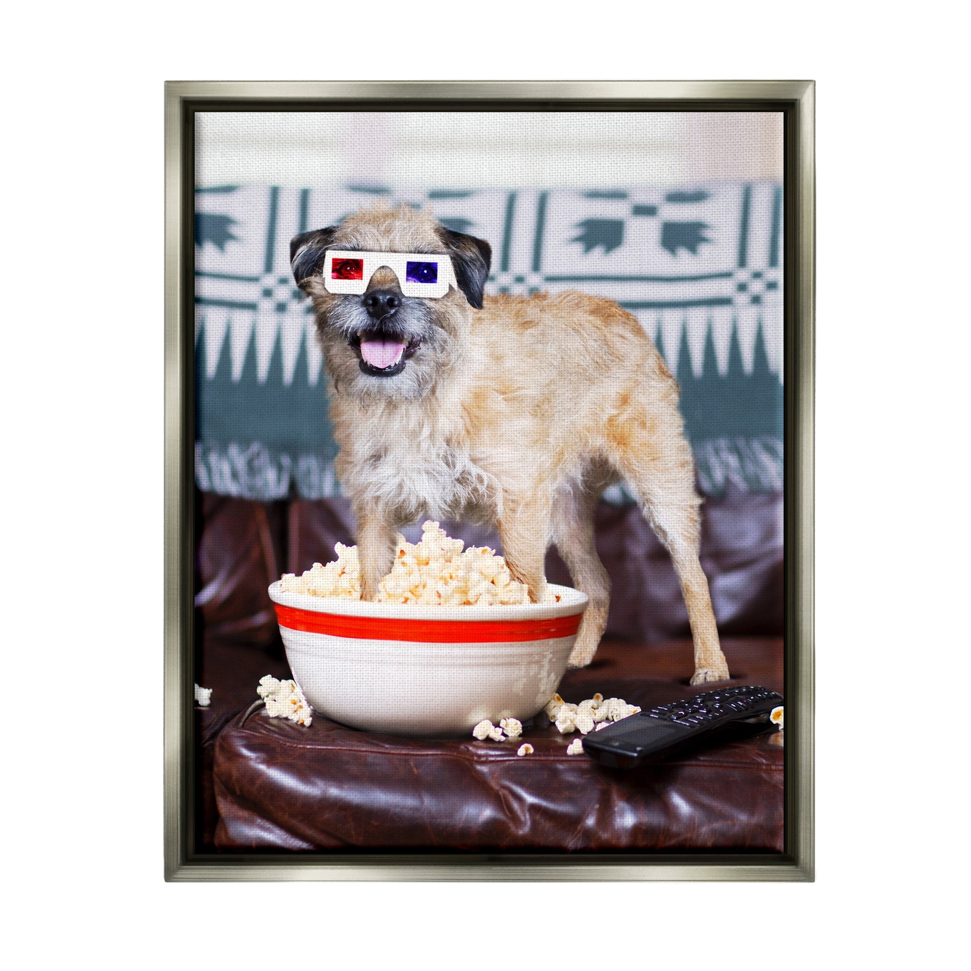 Stupell Industries Dog 3-D Movie Night Couch Snacking Popcorn Photograph Luster Gray Floating Framed Canvas Print Wall Art, Design by Michael Quackenbush