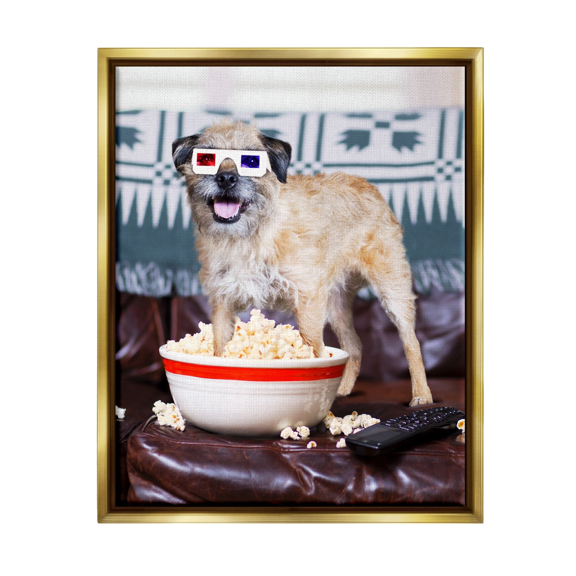 Stupell Industries Dog 3-D Movie Night Couch Snacking Popcorn Photograph Metallic Gold Floating Framed Canvas Print Wall Art, Design by Michael Quackenbush