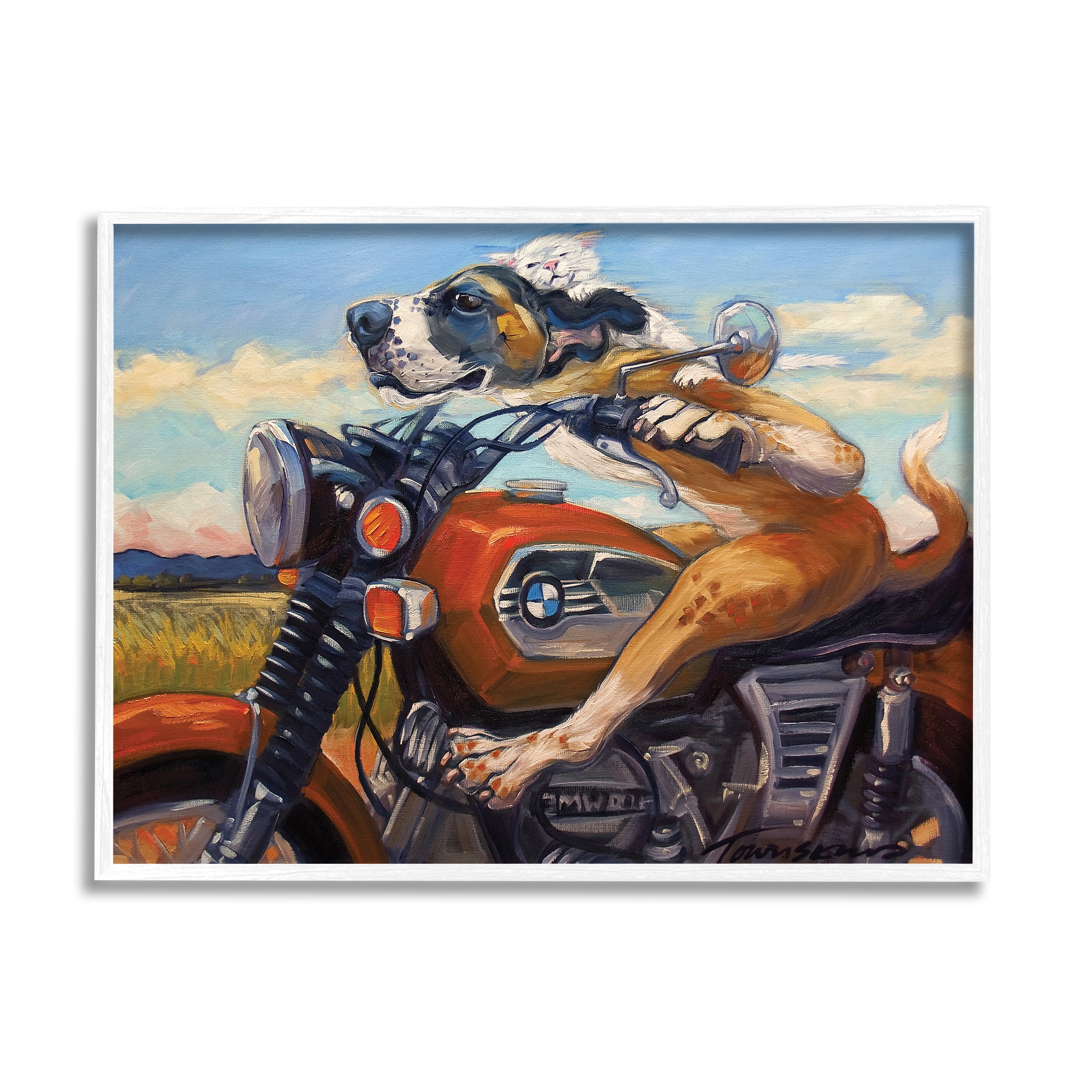Stupell Industries Dog And Cat on a Red Motorcycle Road Trip Painting Framed Art Print Wall Art, 30x24, By Tai Prints