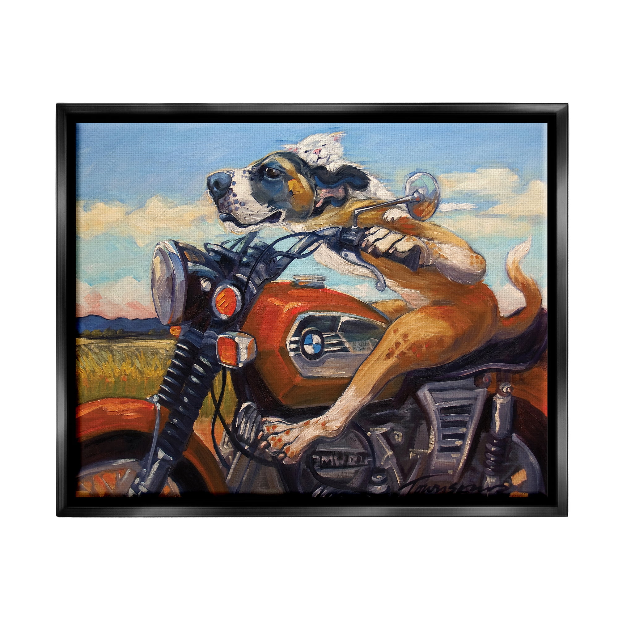 Stupell Industries Dog And Cat on a Red Motorcycle Road Trip Painting Jet Black Framed Floating Canvas Wall Art, 16x20, by Tai Prints
