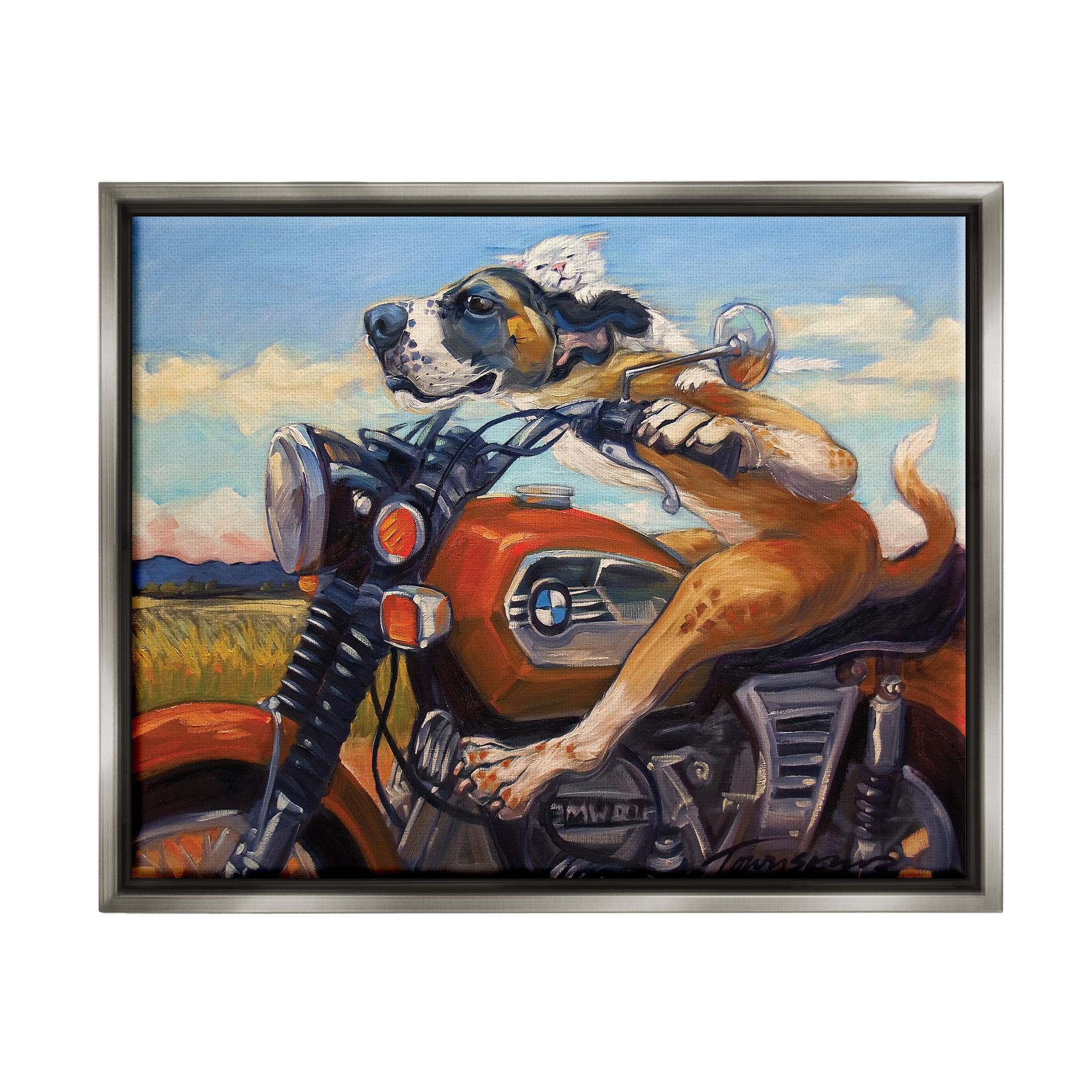 Stupell Industries Dog And Cat on a Red Motorcycle Road Trip Painting Luster Gray Framed Floating Canvas Wall Art, 24x30, by Tai Prints