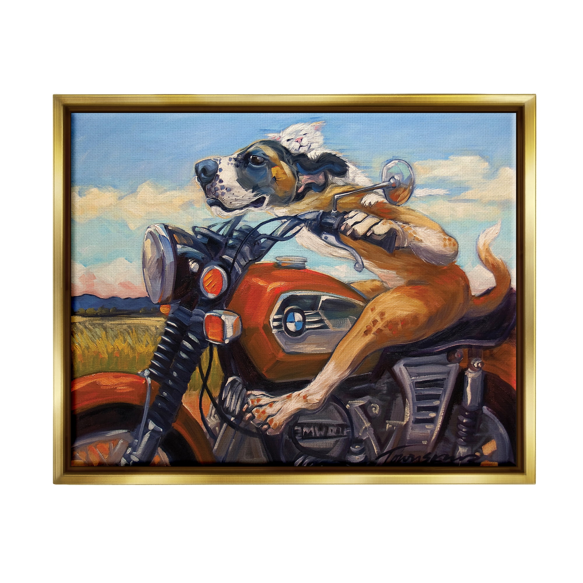 Stupell Industries Dog And Cat on a Red Motorcycle Road Trip Painting Metallic Gold Framed Floating Canvas Wall Art, 16x20, by Tai Prints