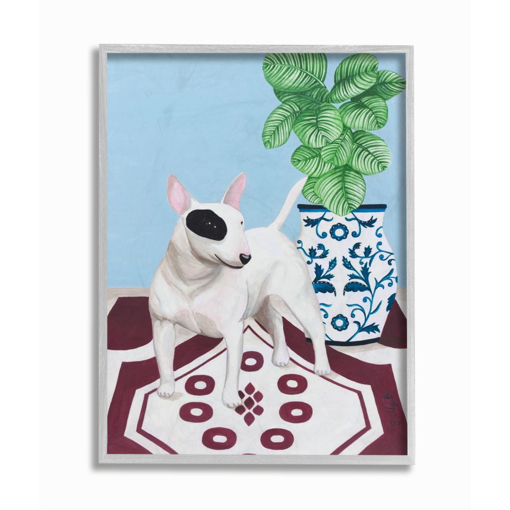 Stupell Industries Dog And Vase Animal Pet Painting Framed Wall Art by Sally B, 11" x 14", Gray Framed
