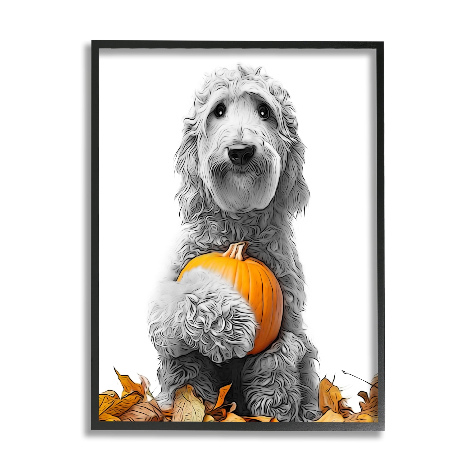 Stupell Industries Dog & Autumn Leaves Holiday Painting Black Framed Art Print Wall Art, 11 x 14