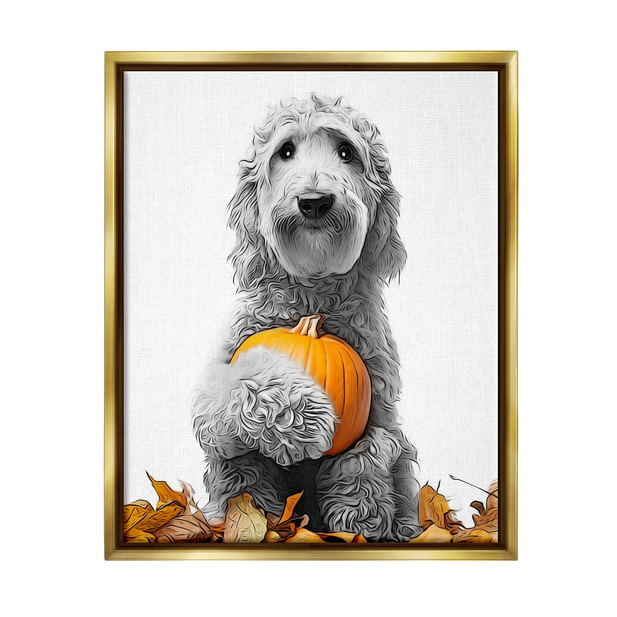Stupell Industries Dog & Autumn Leaves Holiday Painting Gold Floater Framed Canvas Art Print Wall Art, 17 x 21