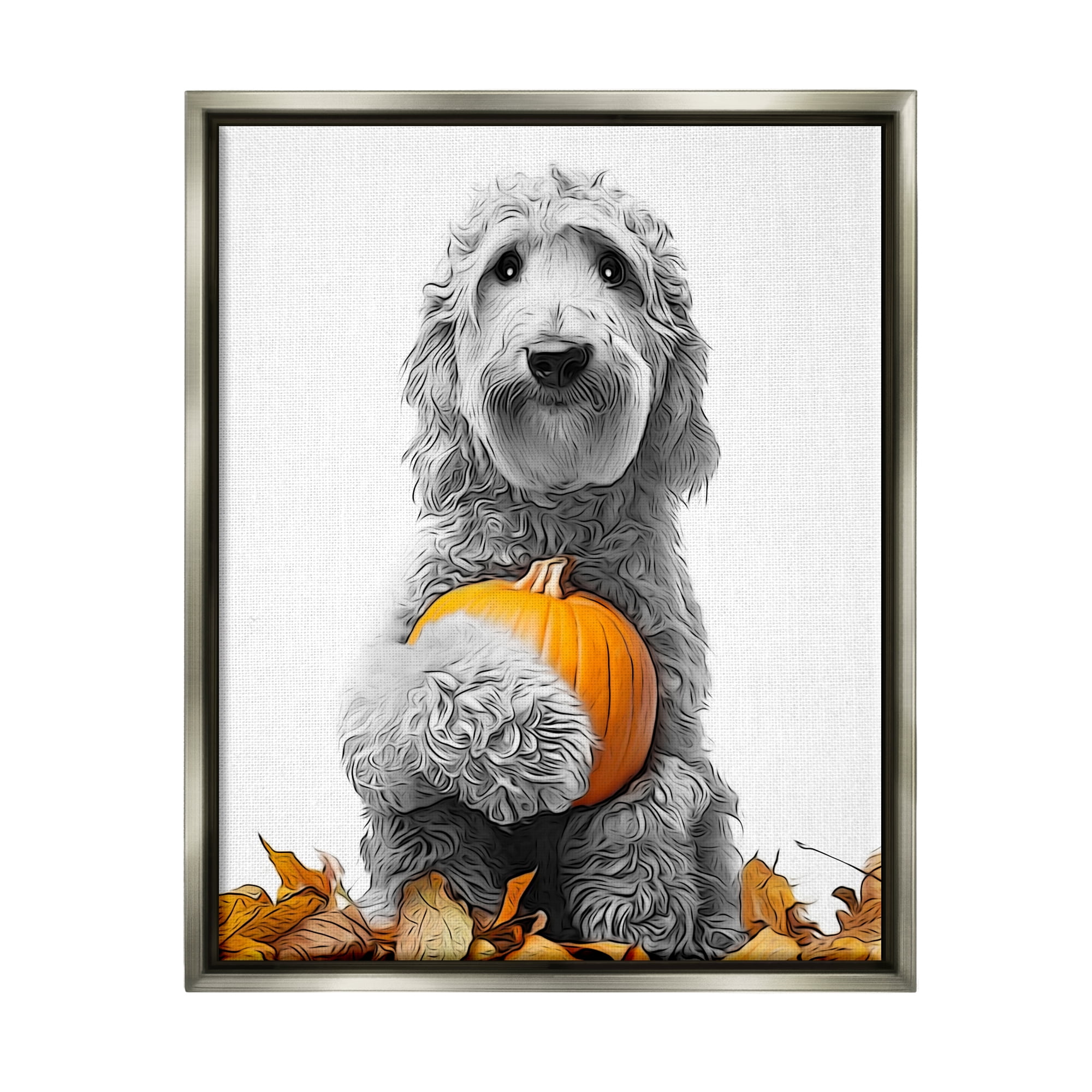 Stupell Industries Dog & Autumn Leaves Holiday Painting Gray Floater Framed Canvas Art Print Wall Art, 25 x 31