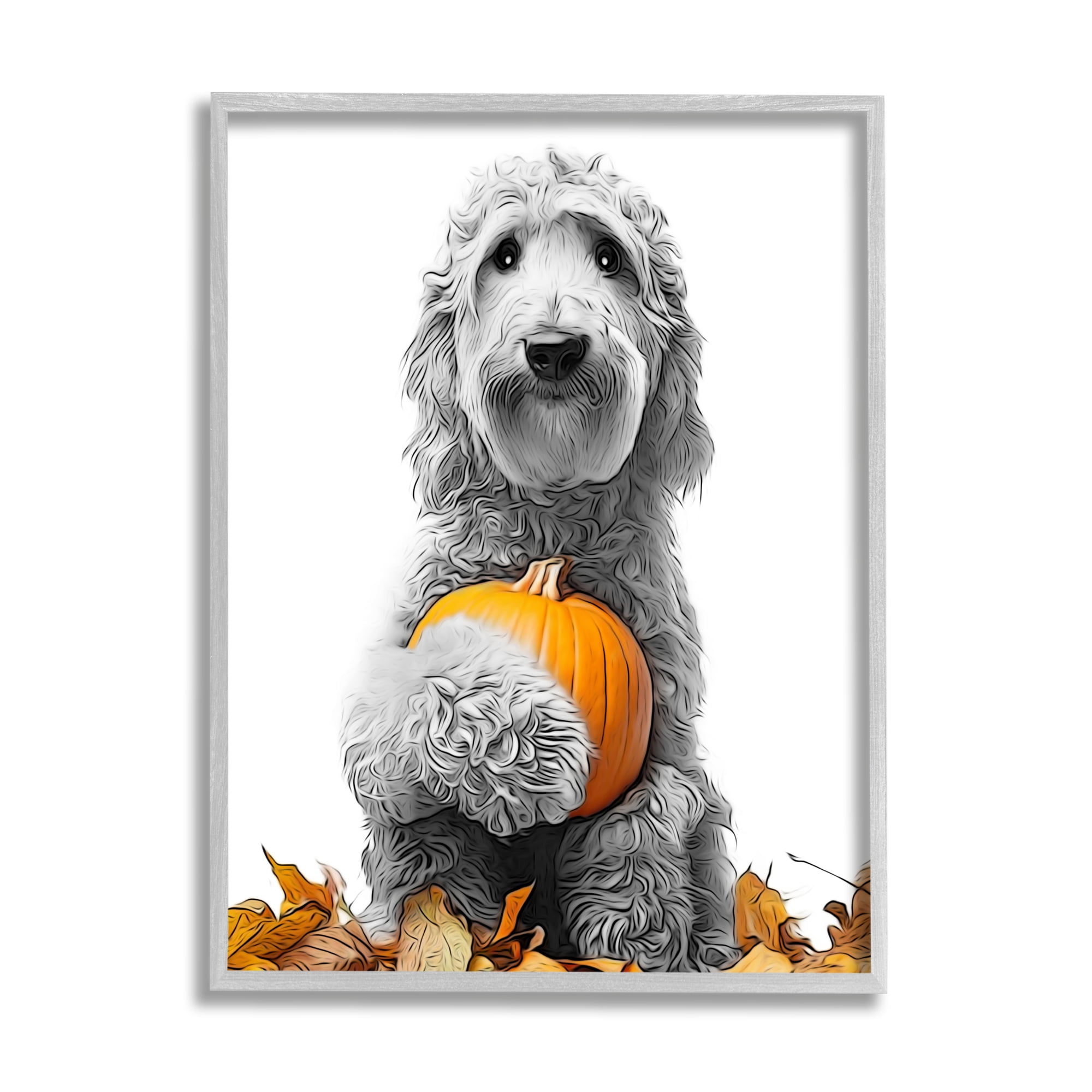 Stupell Industries Dog & Autumn Leaves Holiday Painting Gray Framed Art Print Wall Art, 16 x 20