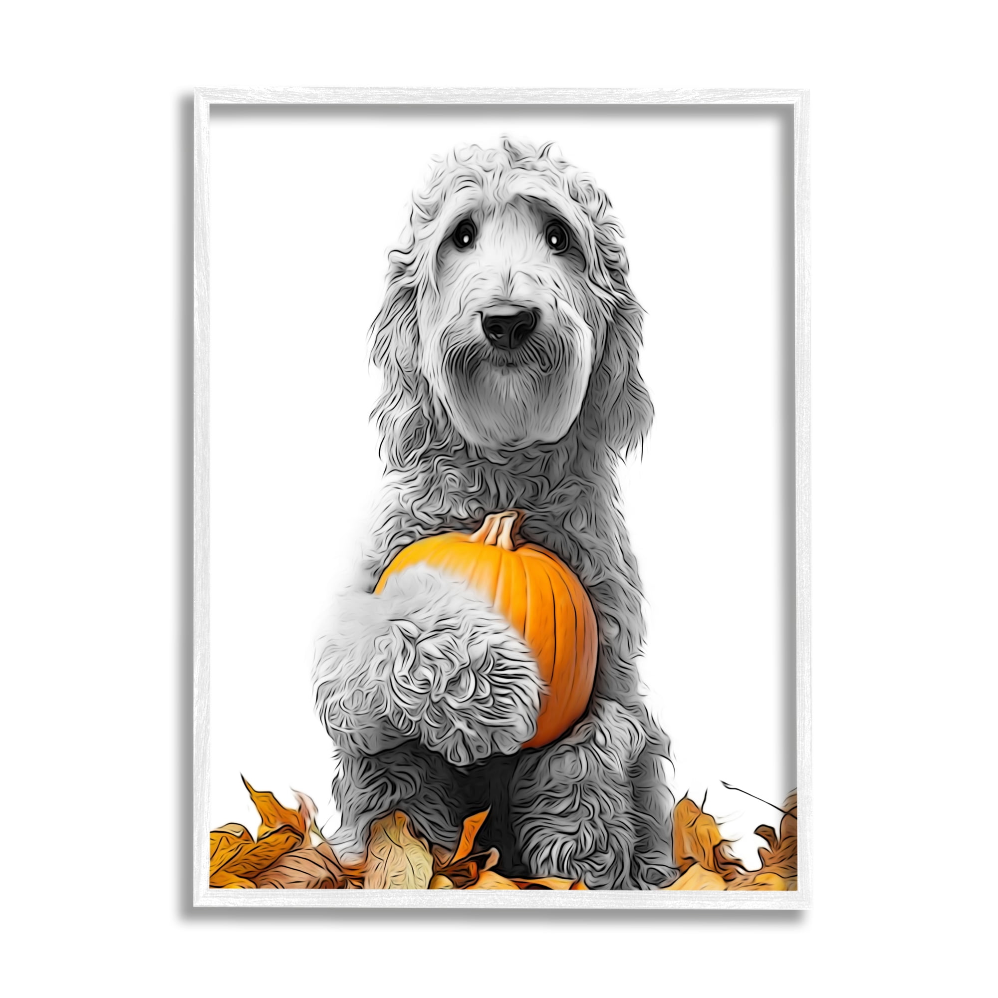 Stupell Industries Dog & Autumn Leaves Holiday Painting White Framed Art Print Wall Art, 16 x 20