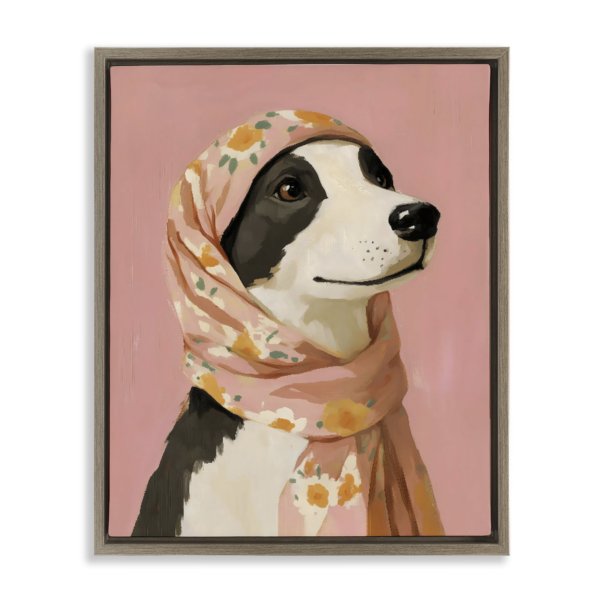 Stupell Industries Dog Babushka in Floral Scarf Brown Framed Floater Canvas Wall Art, design by The Prints Vibe