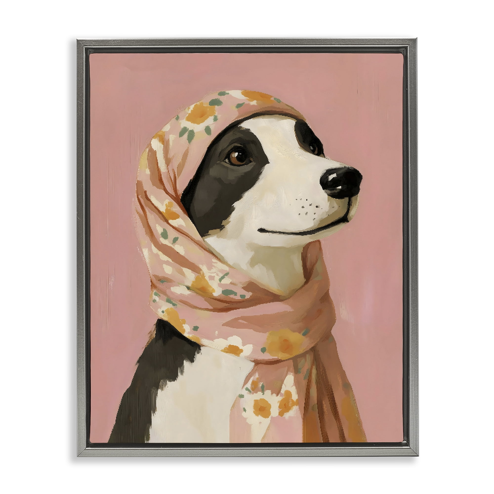 Stupell Industries Dog Babushka in Floral Scarf Gray Framed Floater Canvas Wall Art, design by The Prints Vibe