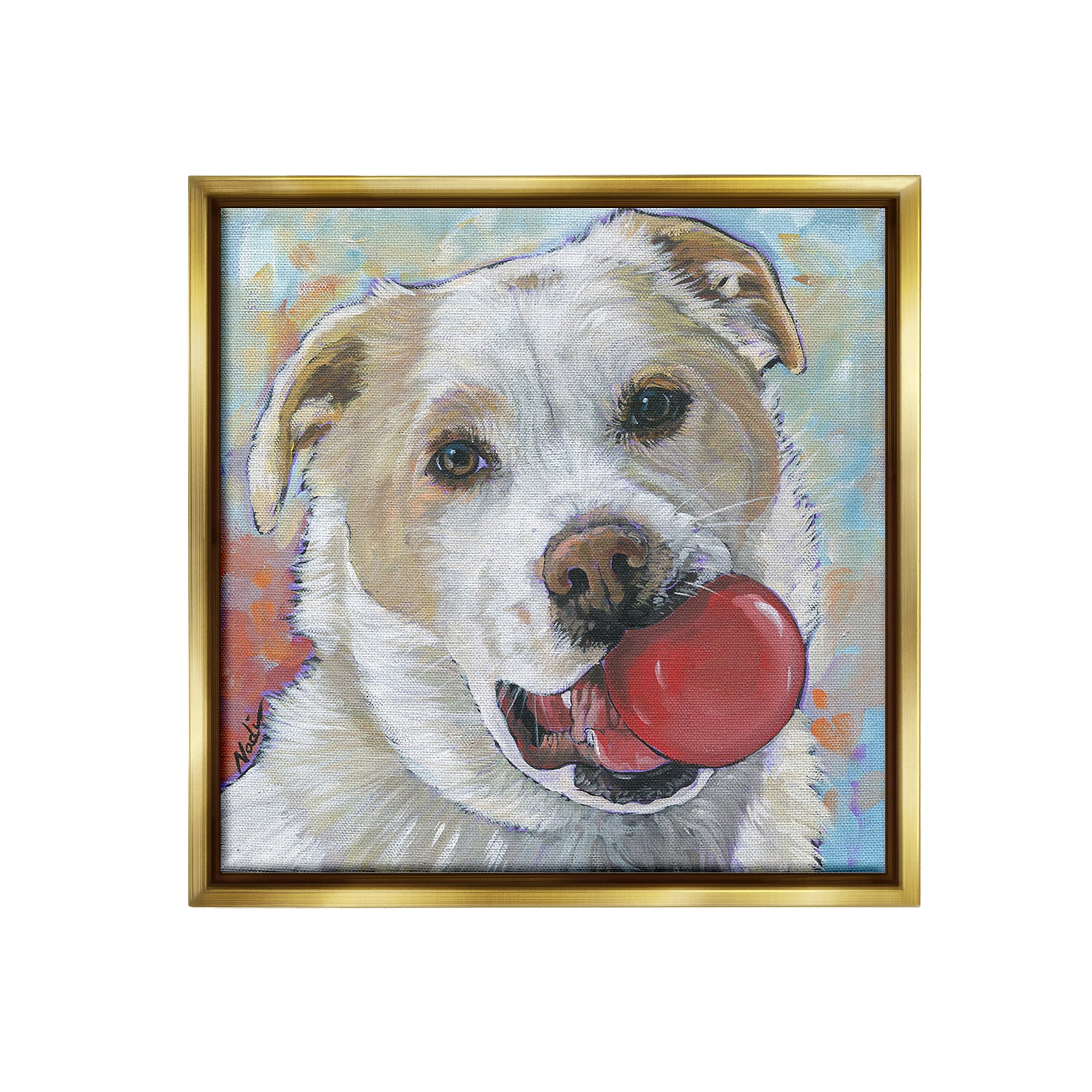 Stupell Industries Dog & Ball Portrait Animals & Insects Painting Gold Floater Framed Canvas Art Print Wall Art, 25 x 25