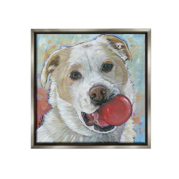 Stupell Industries Dog & Ball Portrait Animals & Insects Painting Gray Floater Framed Canvas Art Print Wall Art, 18 x 18