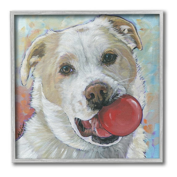 Stupell Industries Dog & Ball Portrait Animals & Insects Painting Gray Framed Art Print Wall Art, 24 x 24