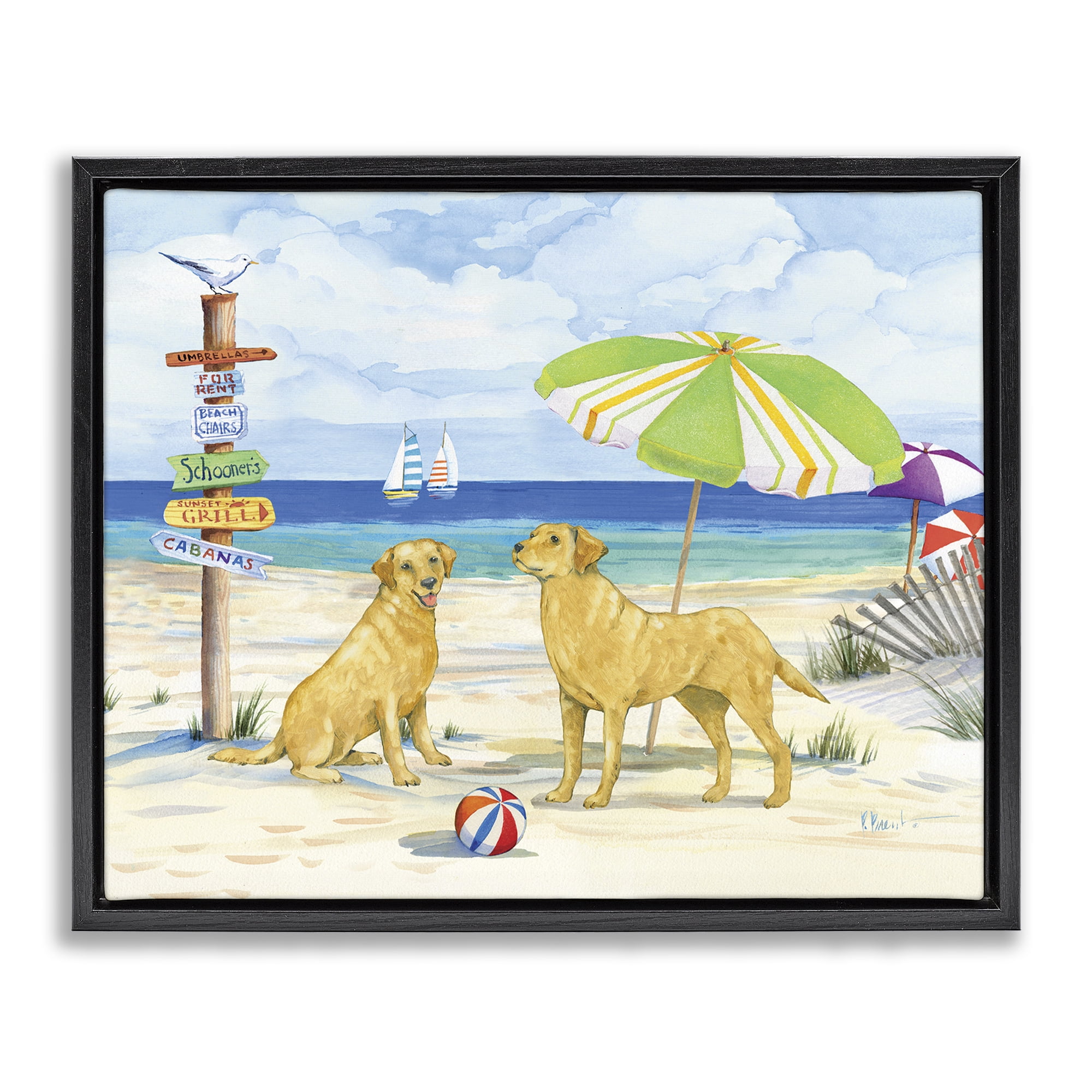 Stupell Industries Dog Beach Day Animals & Insects Painting Black Floater Framed Canvas Art Print Wall Art, 21 x 17