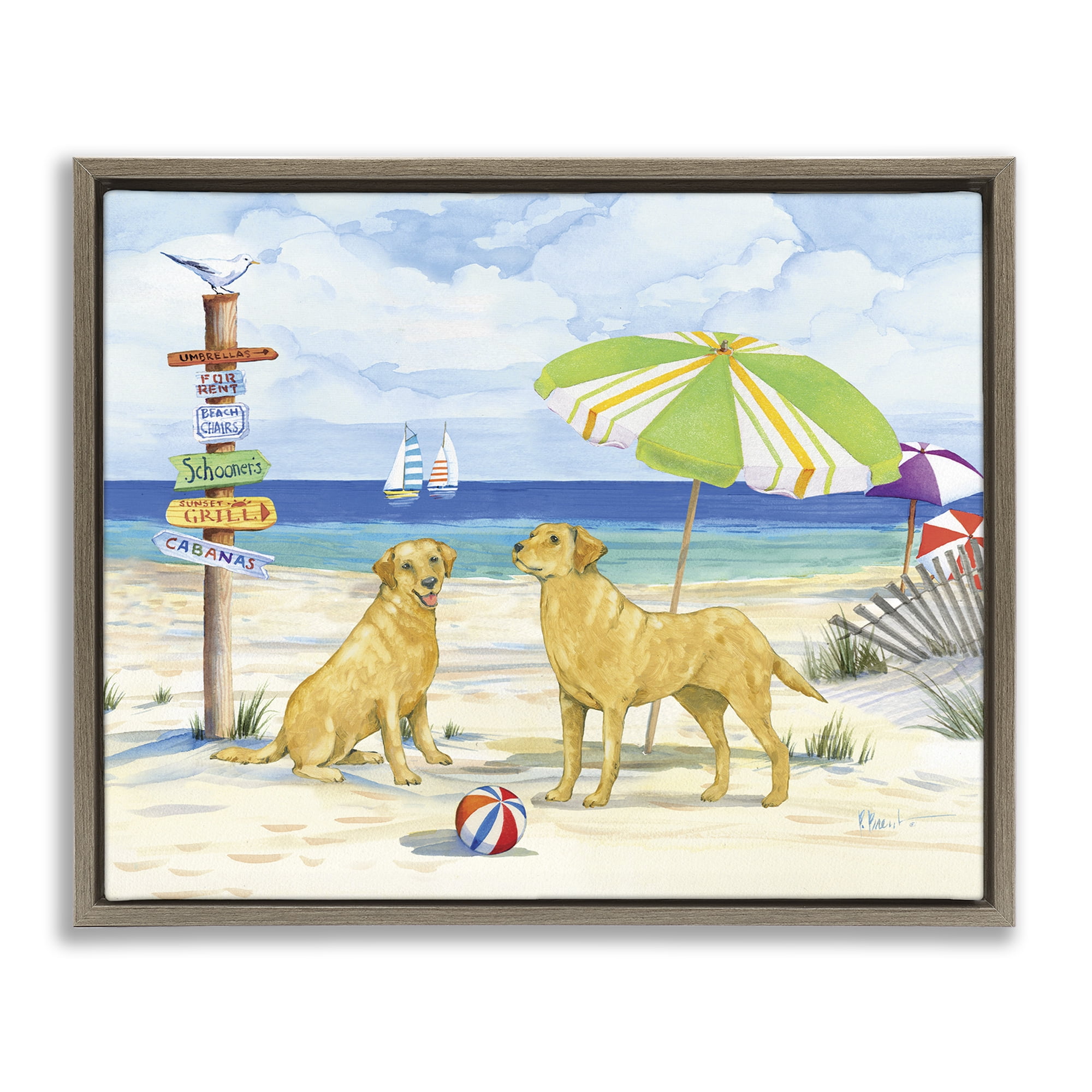 Stupell Industries Dog Beach Day Animals & Insects Painting Brown Floater Framed Canvas Art Print Wall Art, 21 x 17