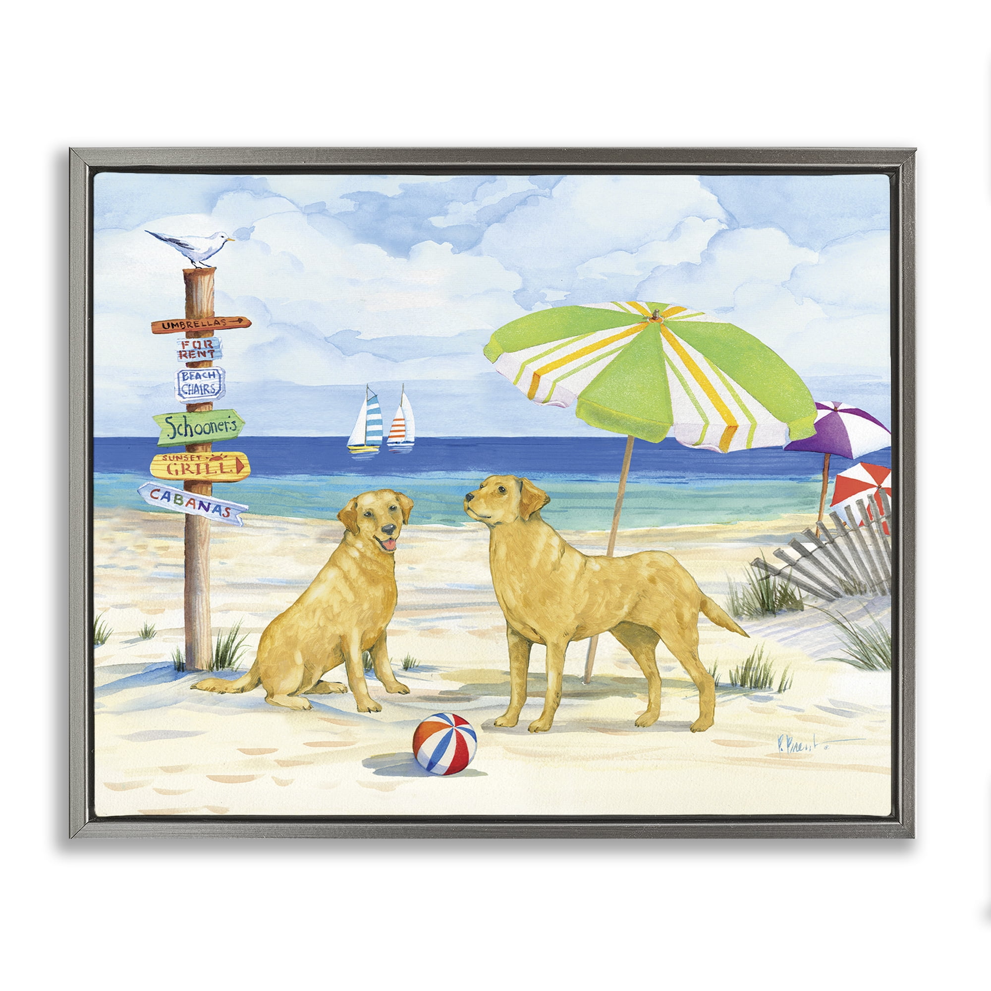 Stupell Industries Dog Beach Day Animals & Insects Painting Gray Floater Framed Canvas Art Print Wall Art, 21 x 17