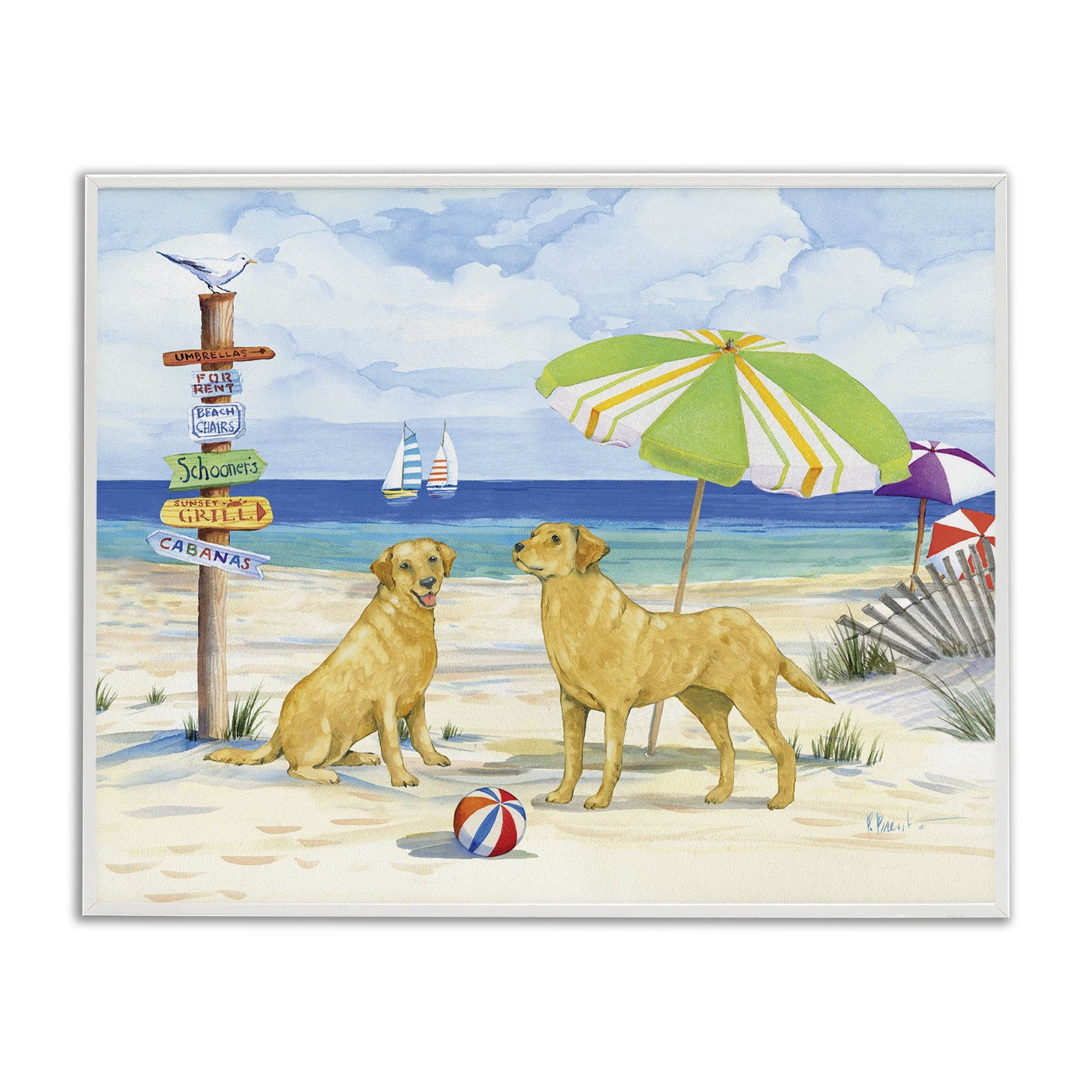 Stupell Industries Dog Beach Day Animals & Insects Painting White Framed Art Print Wall Art, 20 x 16
