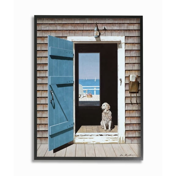 Stupell Industries Dog Between Doorways Calming Coastal Scene Framed Wall Art Design by Zhen-Huan Lu, 11" x 14", Black Framed