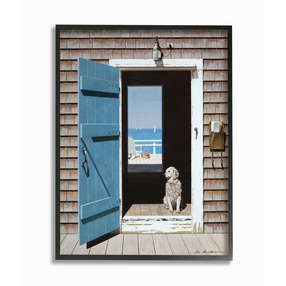 Stupell Industries Dog Between Doorways Calming Coastal Scene Framed Wall Art Design by Zhen-Huan Lu, 16" x 20", Black Framed