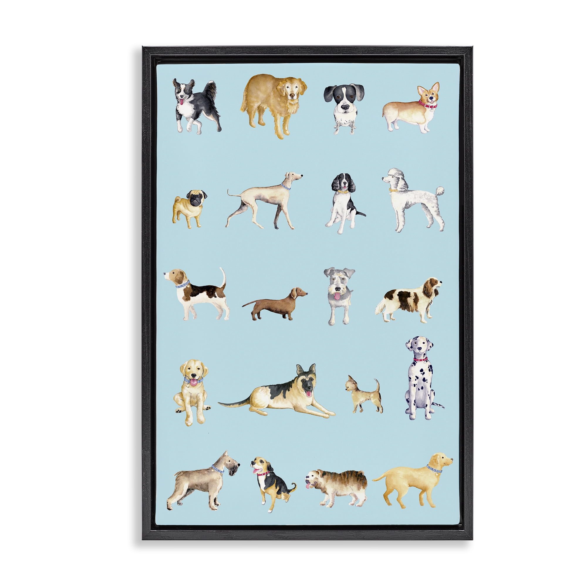 Stupell Industries Dog Breeds on Blue Black Framed Floater Canvas Wall Art, design by Andi Metz