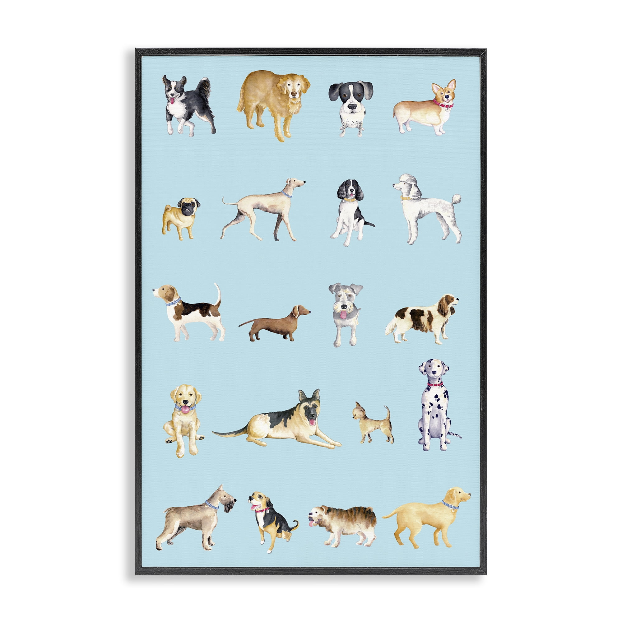 Stupell Industries Dog Breeds on Blue Black Framed Giclee Art, design by Andi Metz