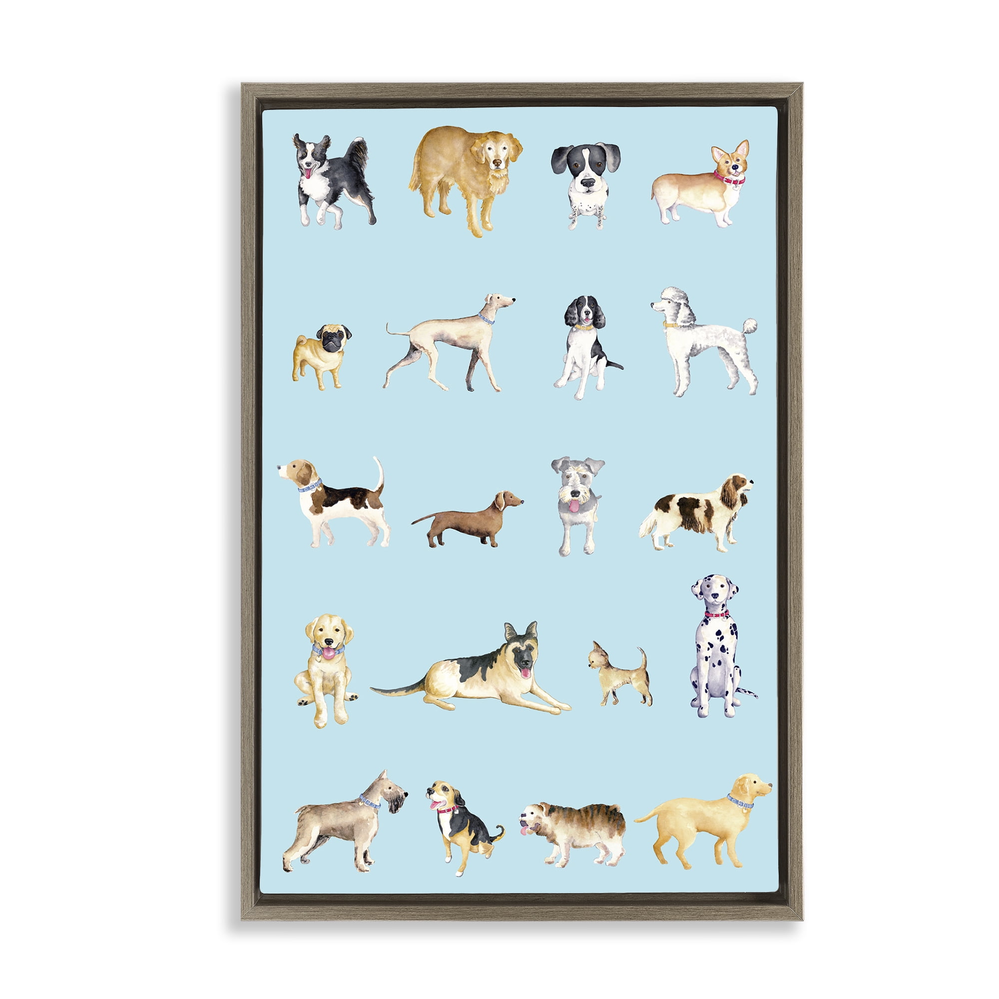 Stupell Industries Dog Breeds on Blue Brown Framed Floater Canvas Wall Art, design by Andi Metz
