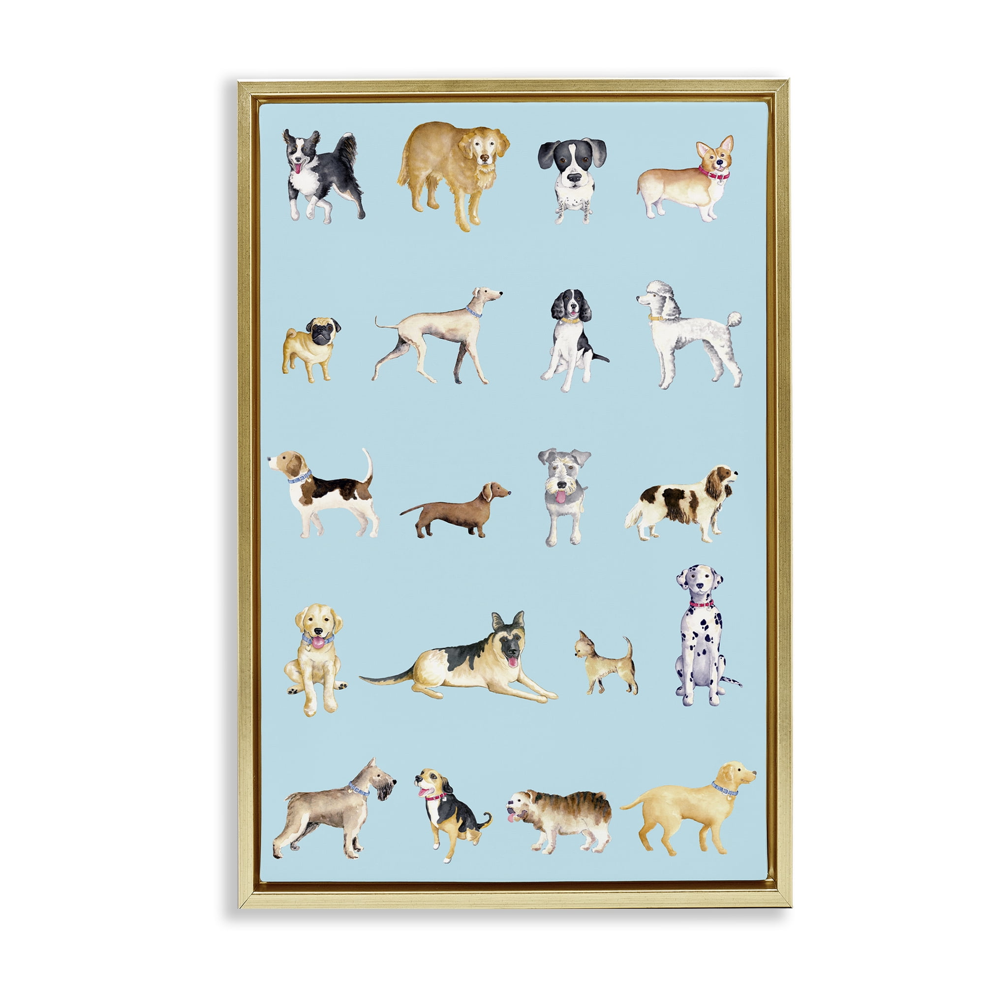 Stupell Industries Dog Breeds on Blue Gold Framed Floater Canvas Wall Art, design by Andi Metz