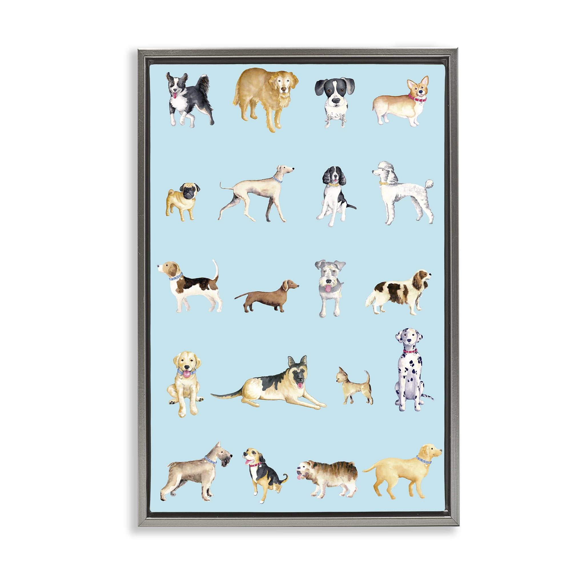 Stupell Industries Dog Breeds on Blue Gray Framed Floater Canvas Wall Art, design by Andi Metz