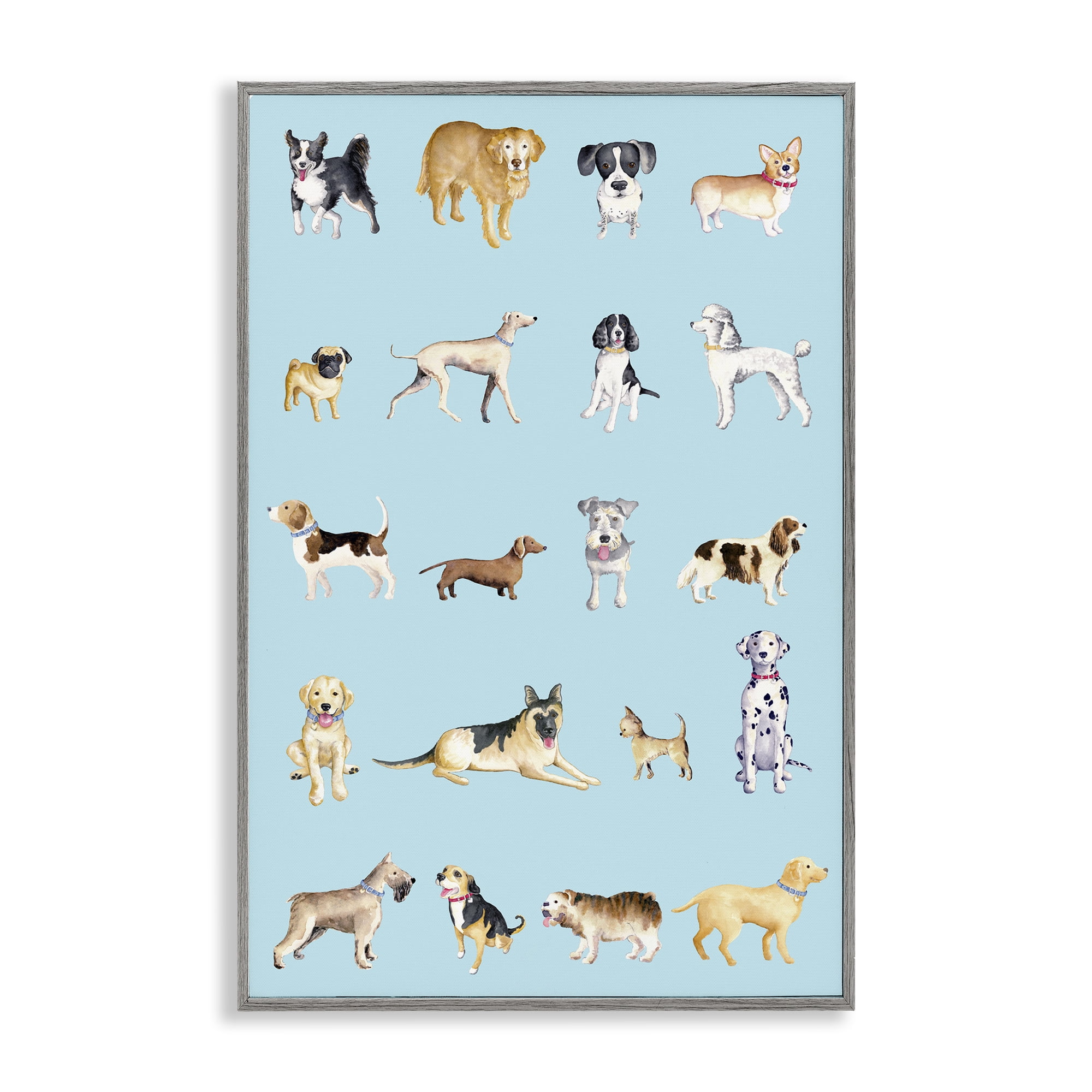 Stupell Industries Dog Breeds on Blue Gray Framed Giclee Art, design by Andi Metz