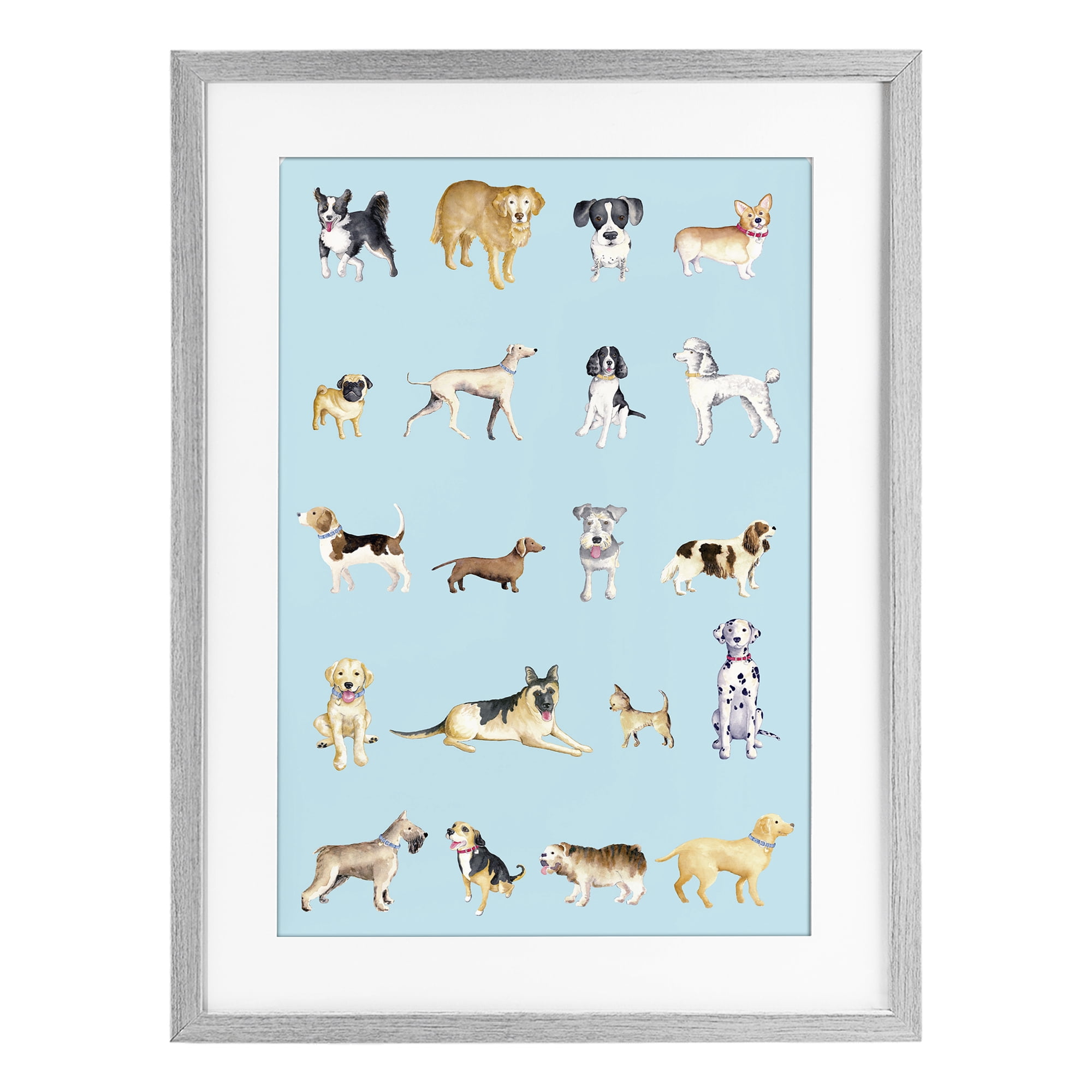 Stupell Industries Dog Breeds on Blue Gray Framed Print Under Glass, design by Andi Metz
