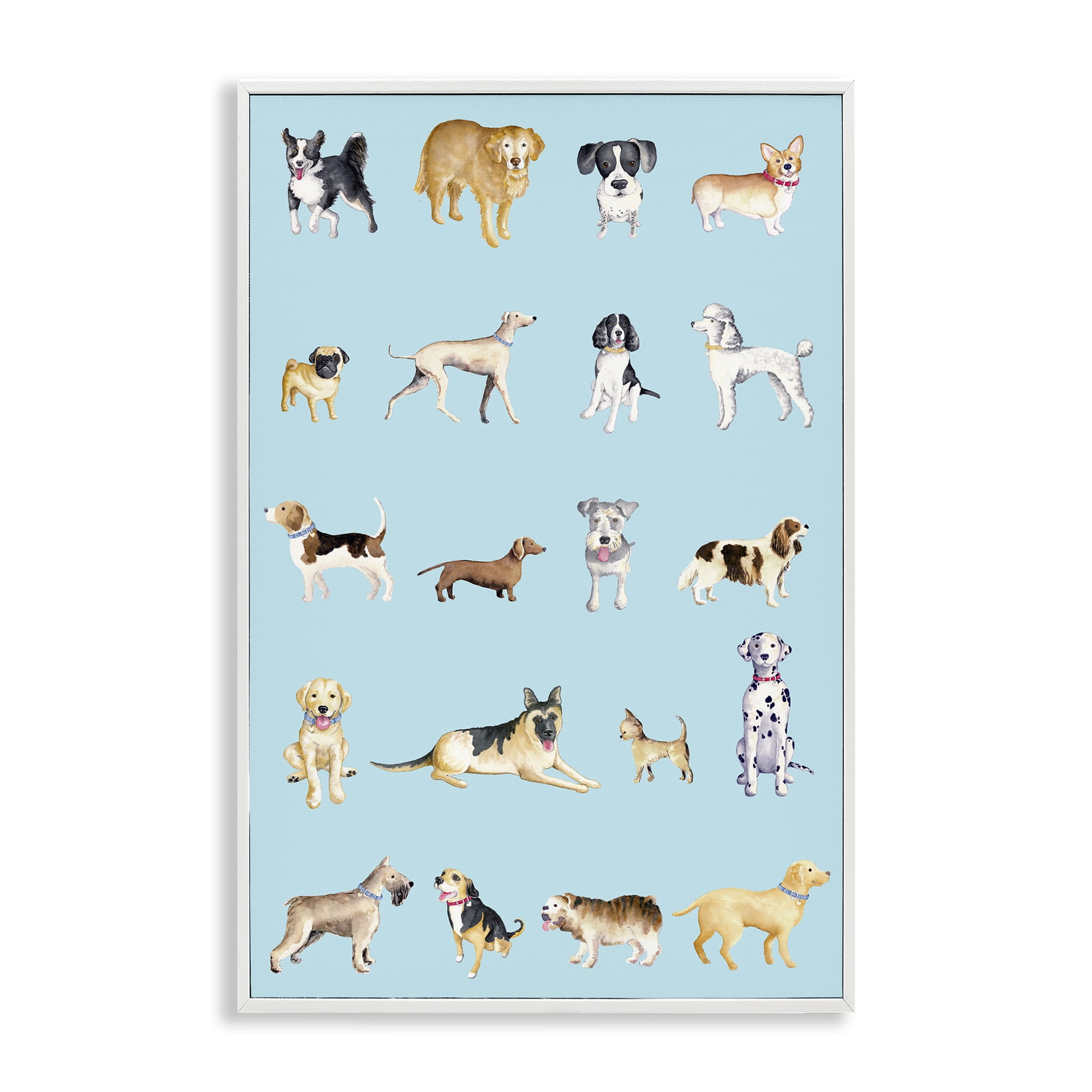 Stupell Industries Dog Breeds on Blue White Framed Giclee Art, design by Andi Metz