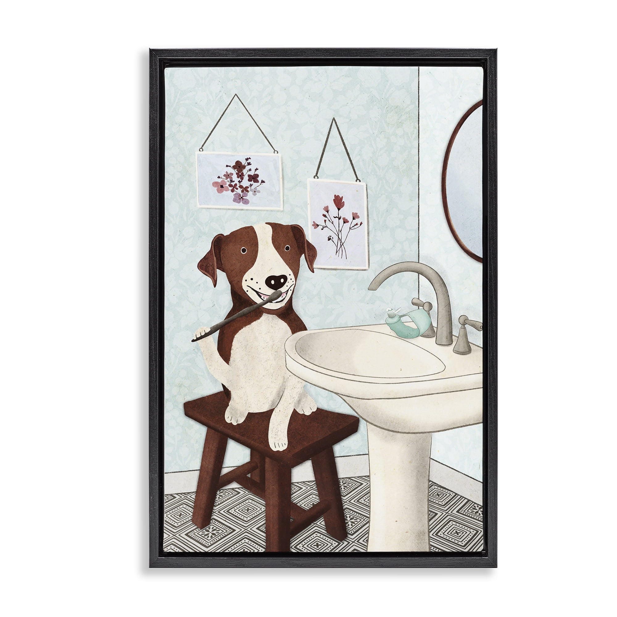 Stupell Industries Dog Brushing Teeth Typography Painting Black Floater Framed Canvas Art Print Wall Art, 17 x 25