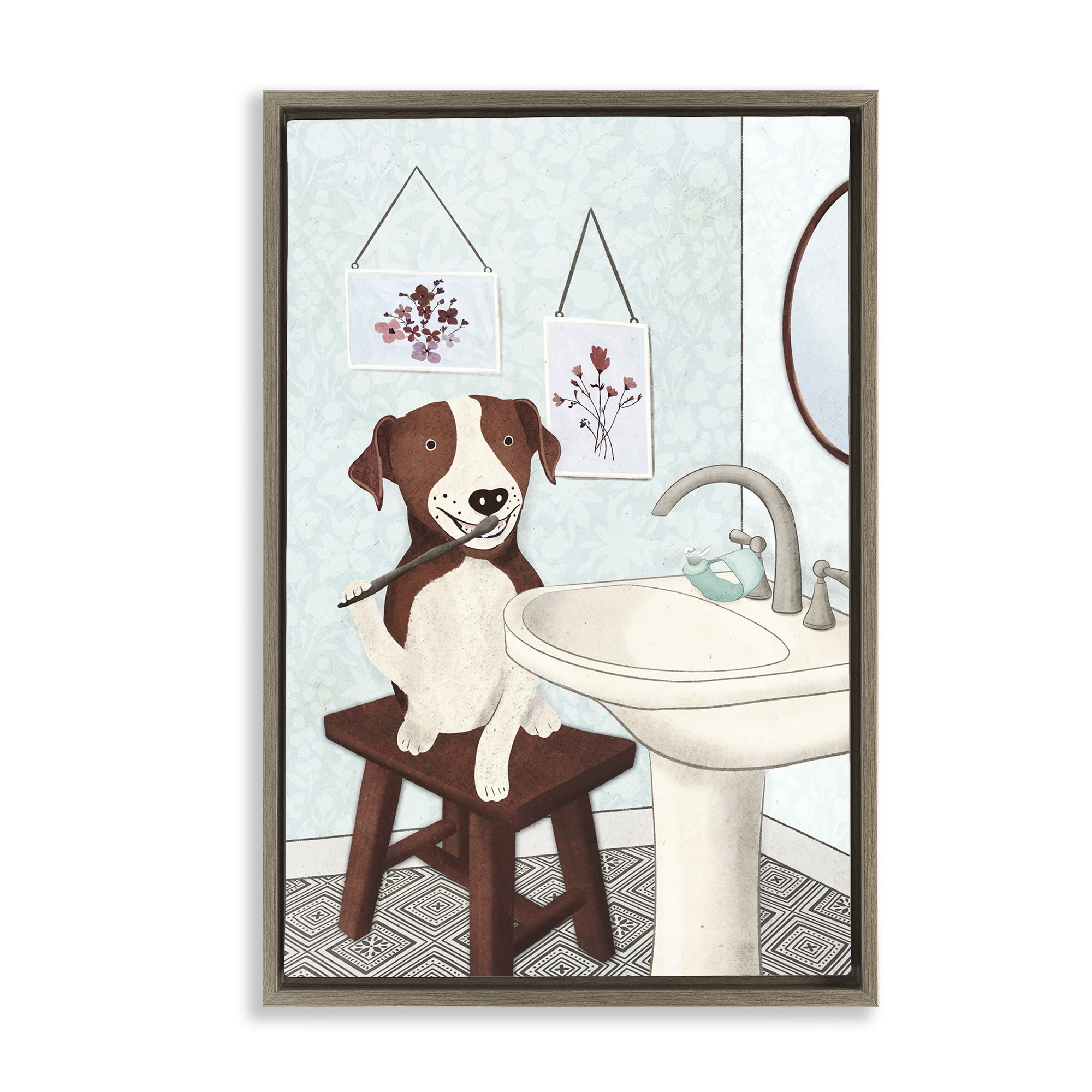 Stupell Industries Dog Brushing Teeth Typography Painting Brown Floater Framed Canvas Art Print Wall Art, 21 x 31