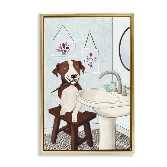 Stupell Industries Dog Brushing Teeth Typography Painting Gold Floater Framed Canvas Art Print Wall Art, 21 x 31