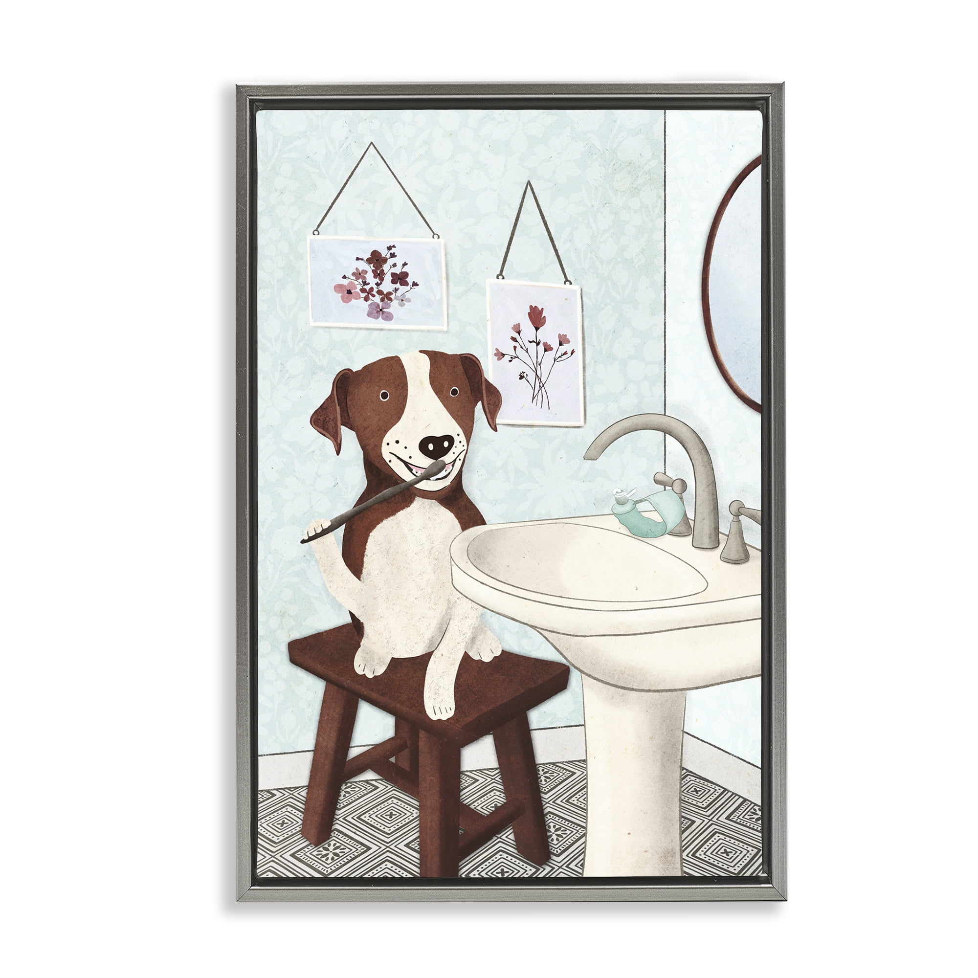 Stupell Industries Dog Brushing Teeth Typography Painting Gray Floater Framed Canvas Art Print Wall Art, 21 x 31