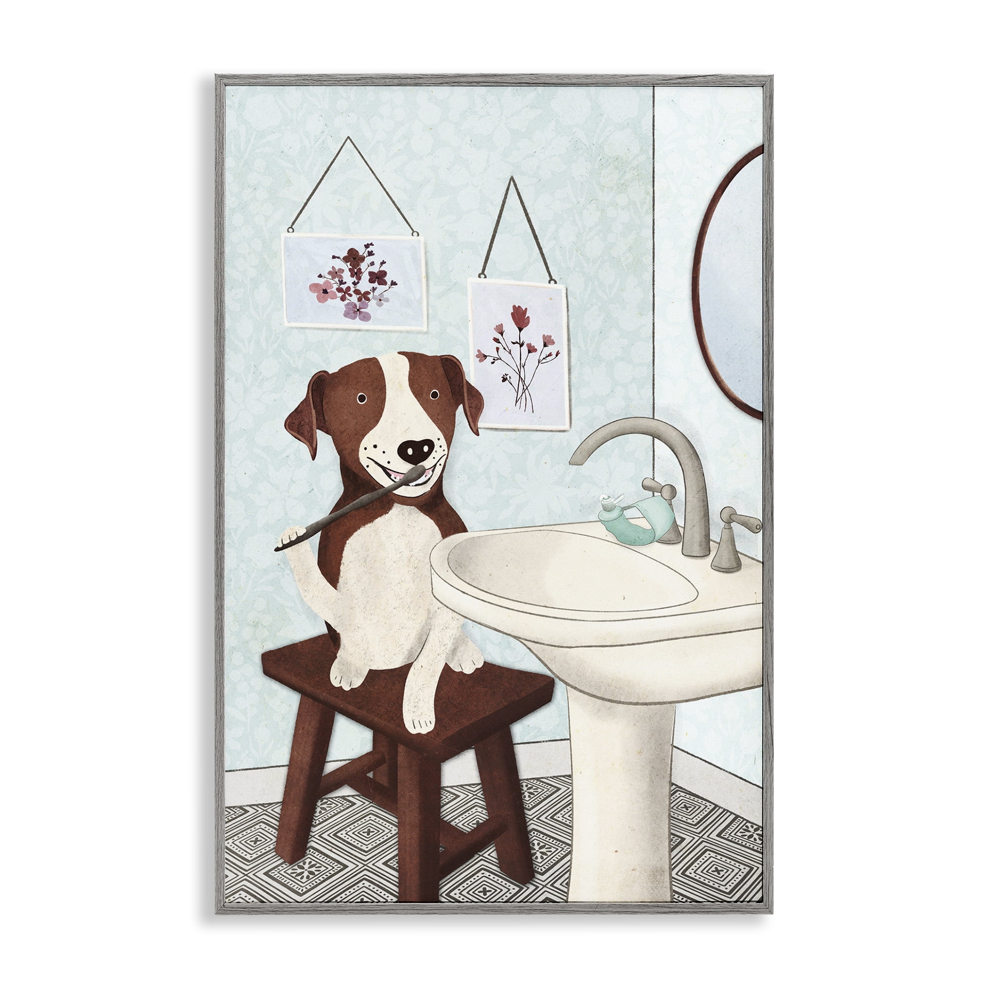 Stupell Industries Dog Brushing Teeth Typography Painting Gray Framed Art Print Wall Art, 20 x 30