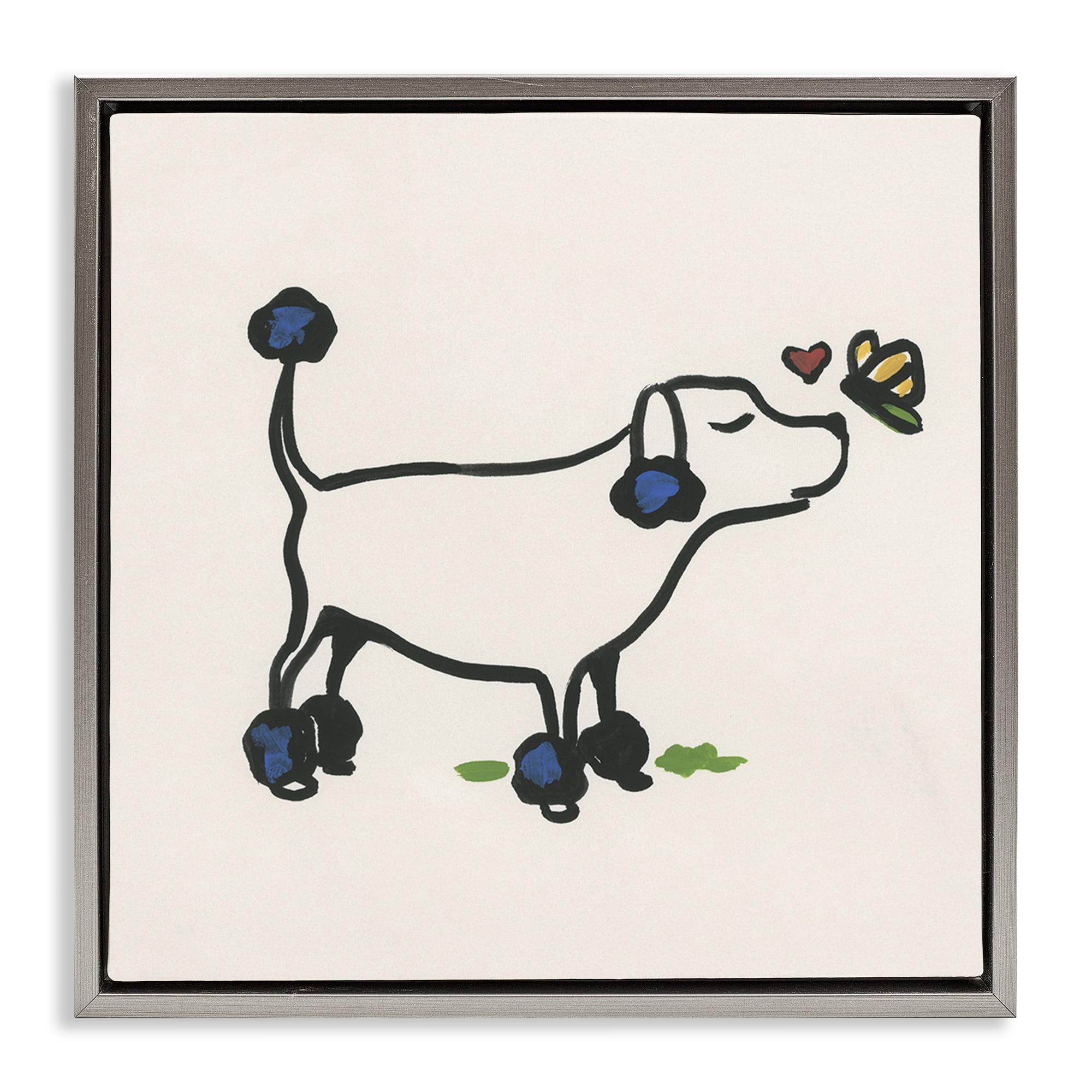 Stupell Industries Dog & Butterfly Animals Painting Gray Floater Framed Canvas Art Print Wall Art, 18 x 18