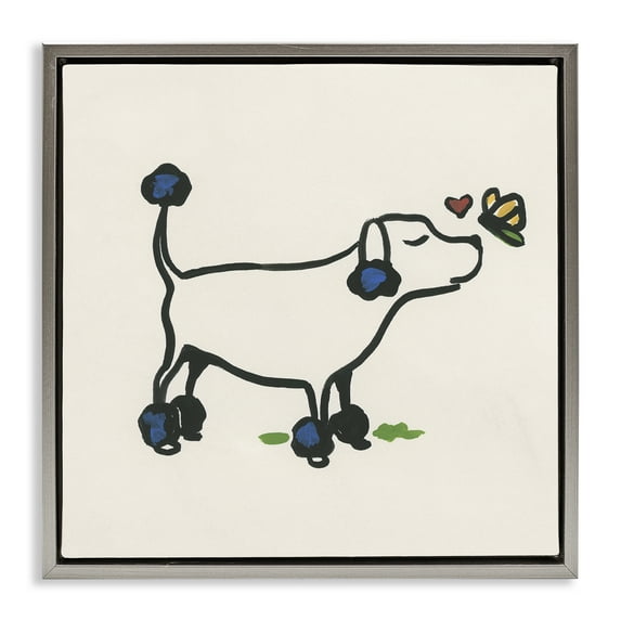 Stupell Industries Dog & Butterfly Animals Painting Gray Floater Framed Canvas Art Print Wall Art, 18 x 18