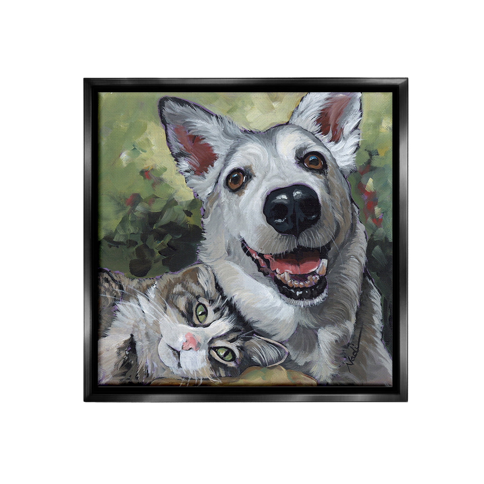 Stupell Industries Dog & Cat Friendship Animals & Insects Painting Black Floater Framed Canvas Art Print Wall Art, 25 x 25