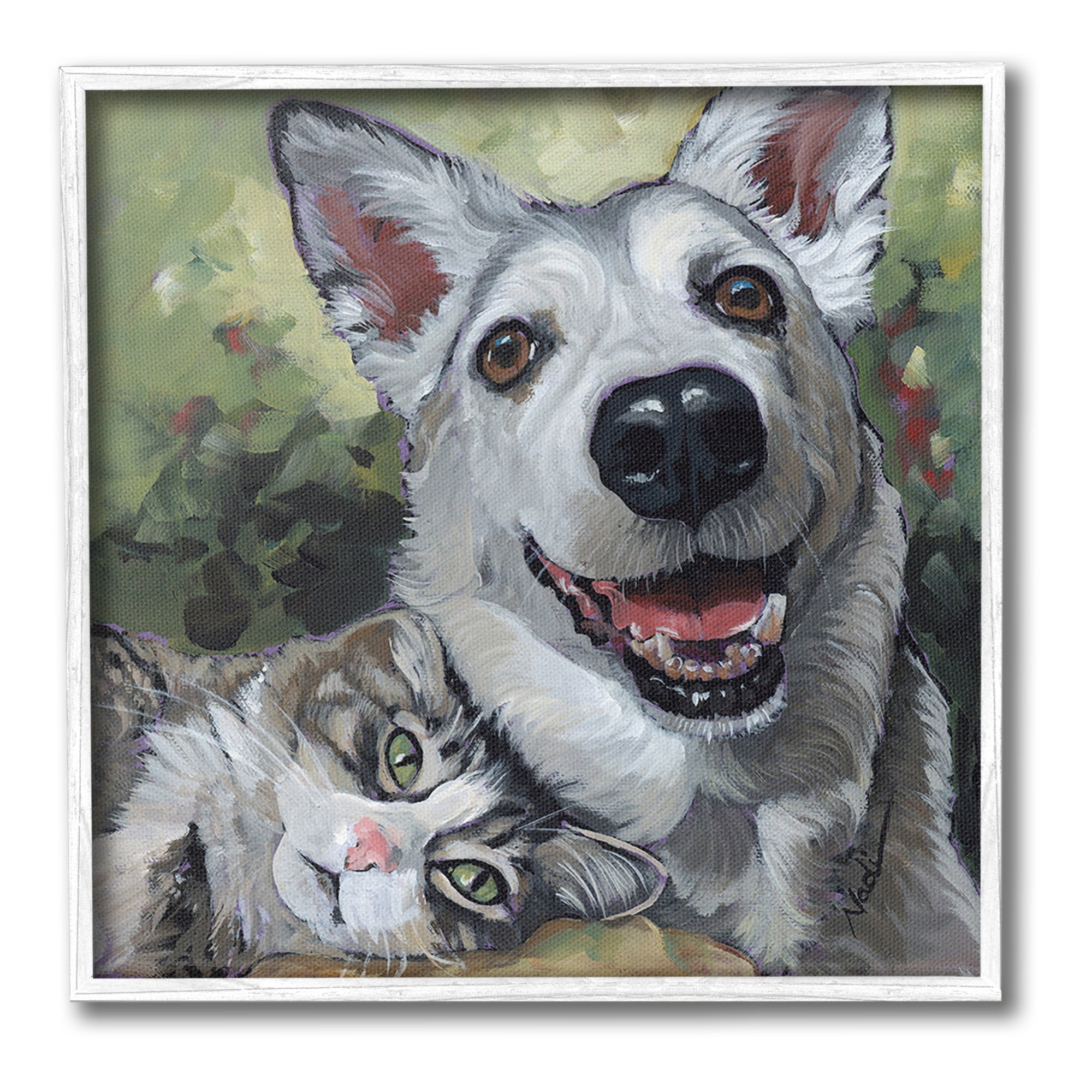 Stupell Industries Dog & Cat Friendship Animals & Insects Painting White Framed Art Print Wall Art, 12 x 12