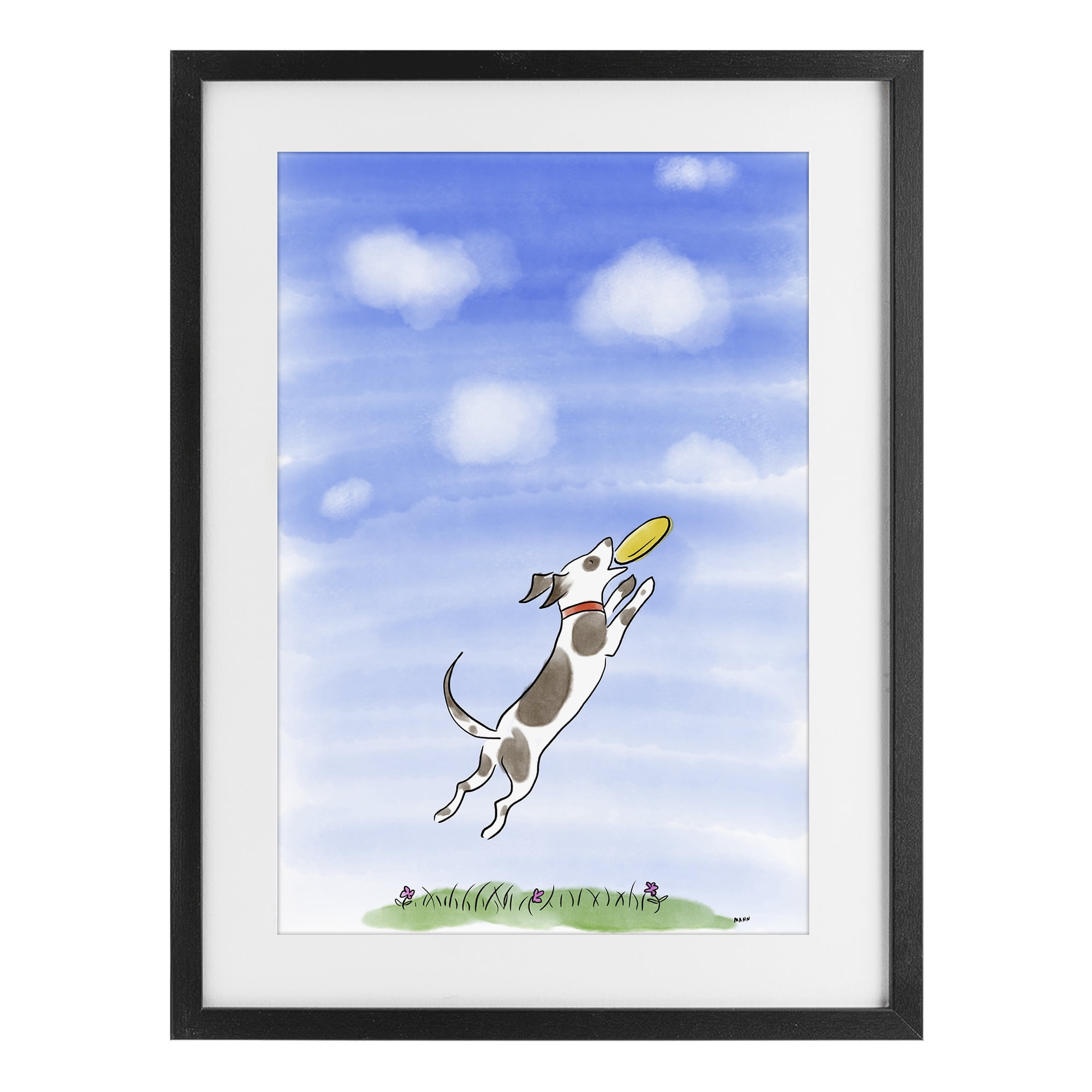Stupell Industries Dog Catching Frisbee Black Framed Print Under Glass, design by Patti Mann