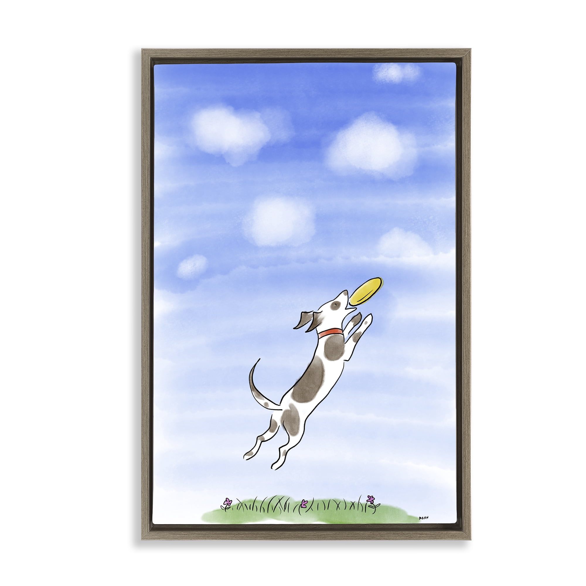Stupell Industries Dog Catching Frisbee Brown Framed Floater Canvas Wall Art, design by Patti Mann