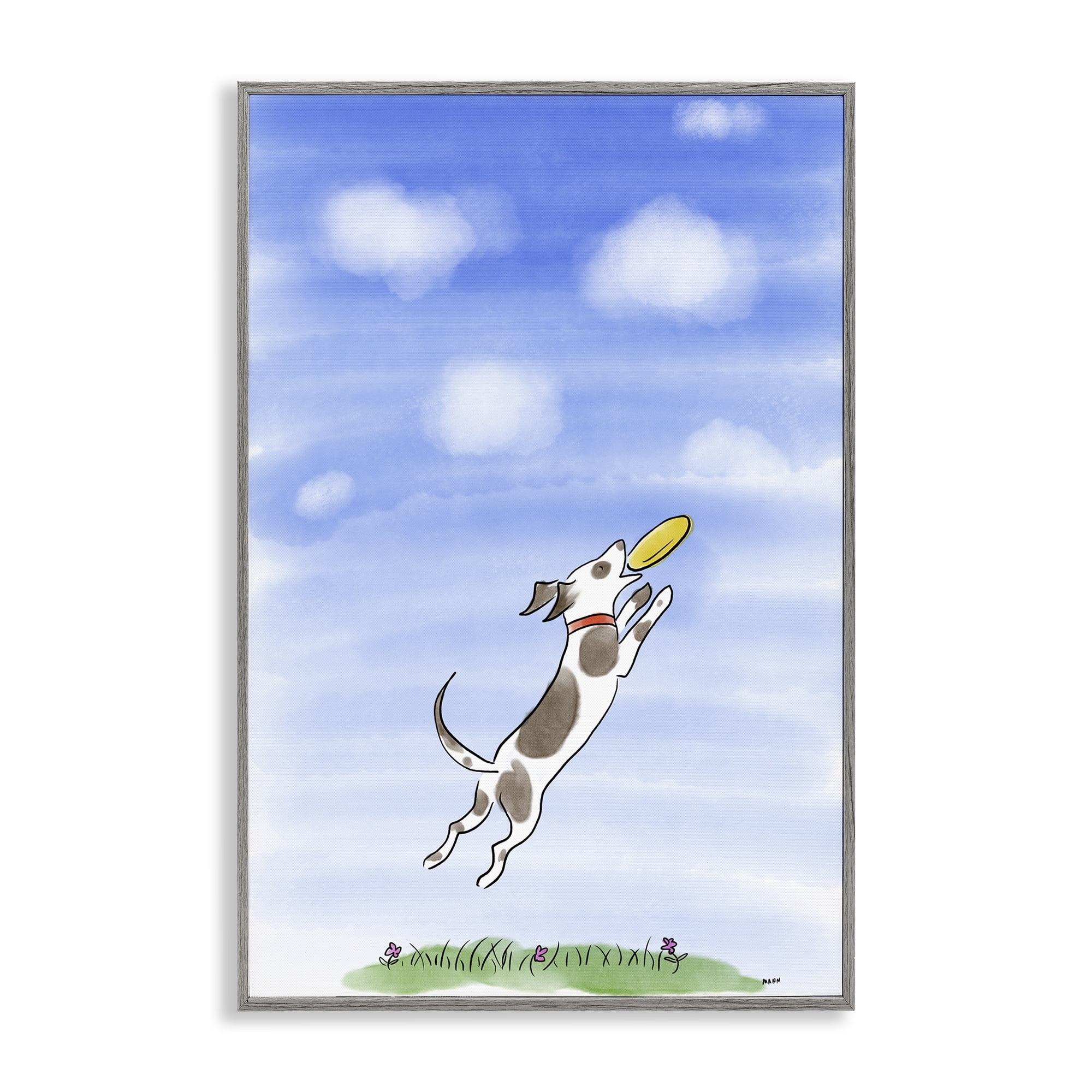 Stupell Industries Dog Catching Frisbee Gray Framed Giclee Art, design by Patti Mann